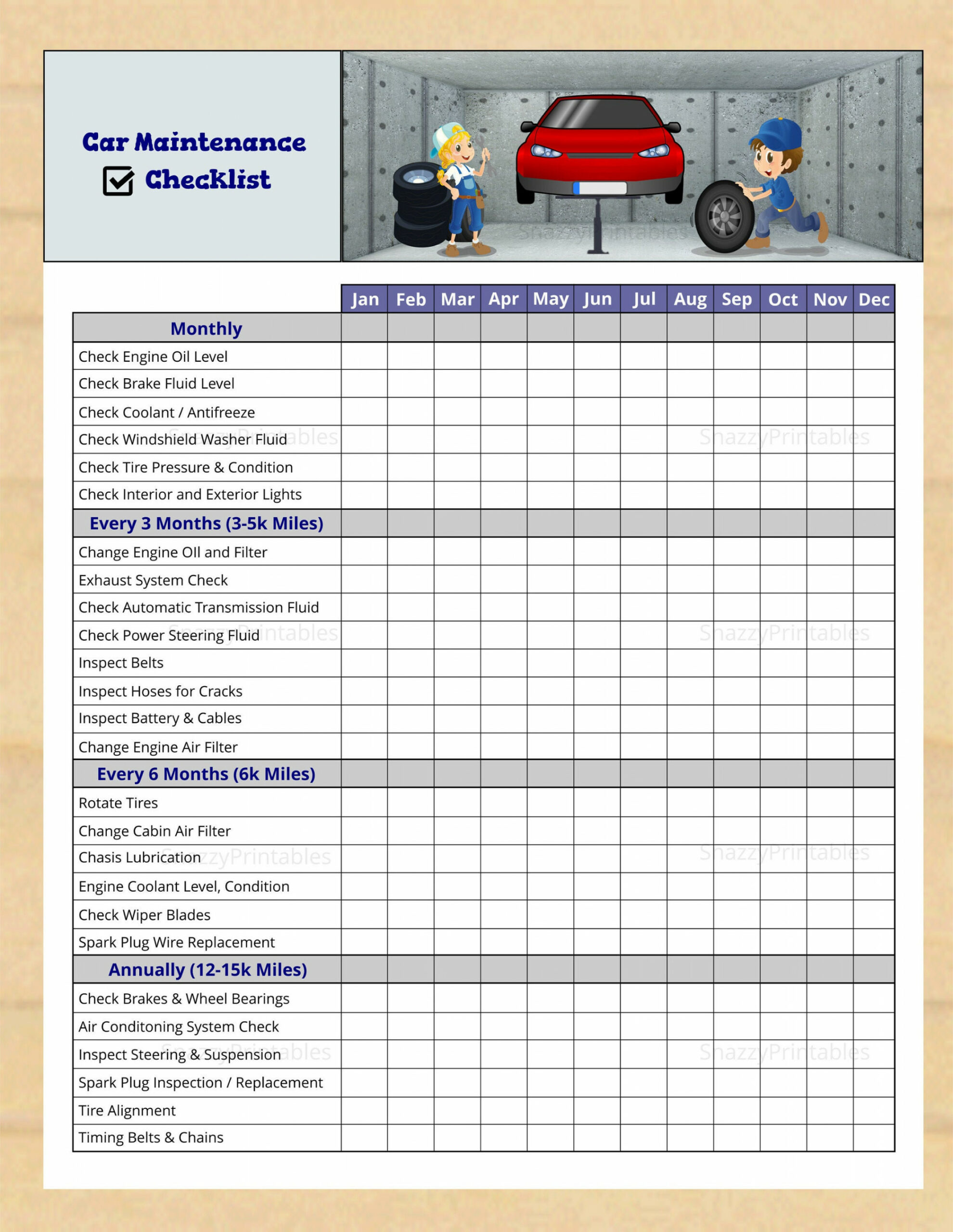 Car Maintenance Checklist Printable, Vehicle Maintenance Schedule