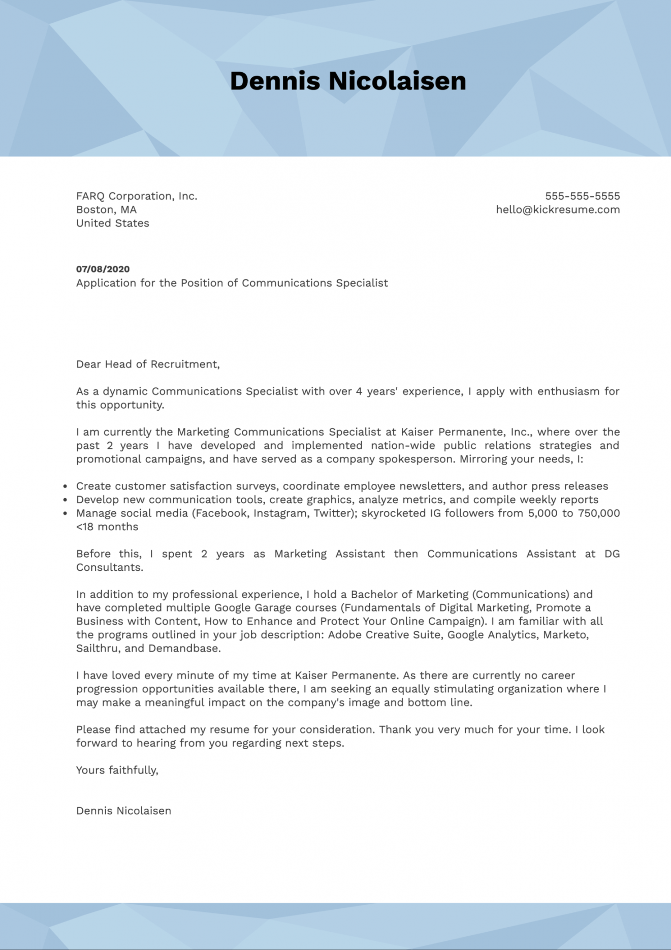 Communications Specialist Cover Letter Example  Kickresume