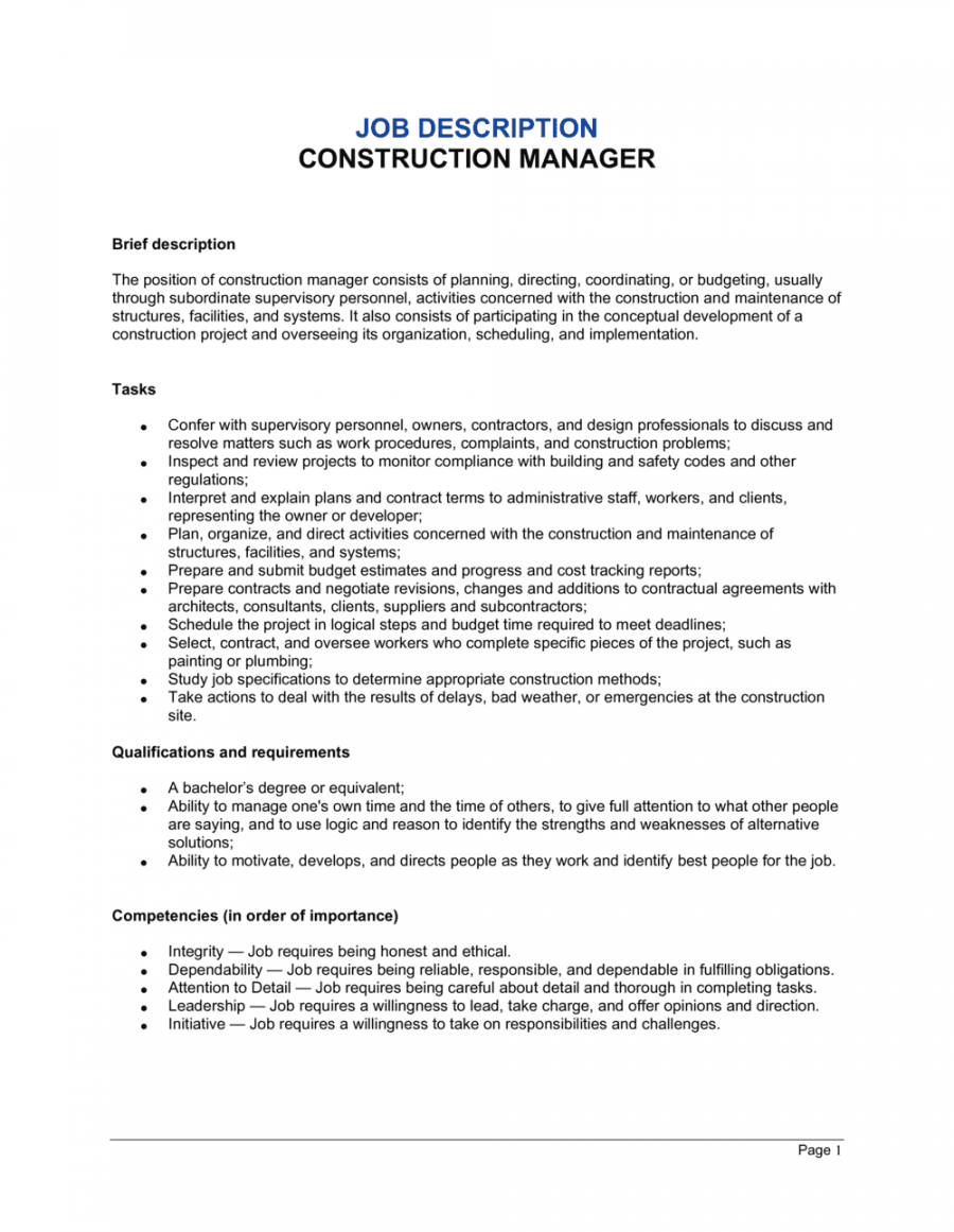 Construction Manager Job Description Template  Business-in-a-Box™