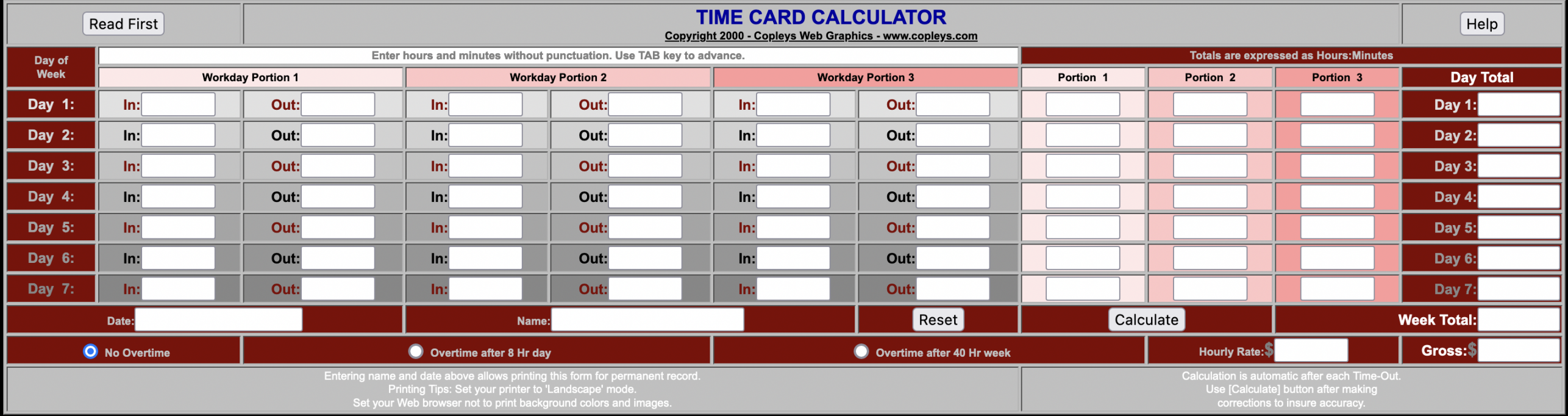 Copleys Time Card - Samplenotes