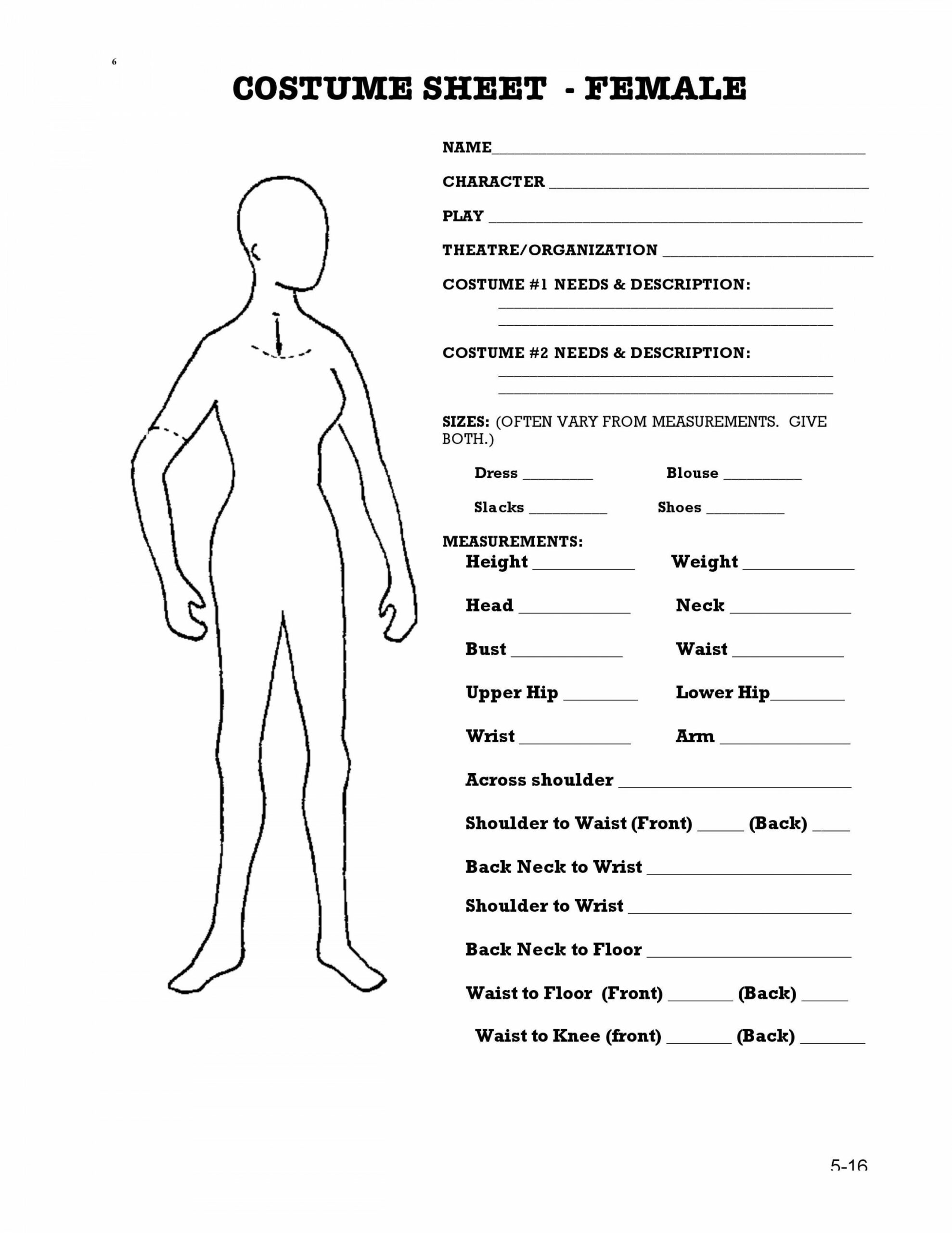 Costume Sheet- Female  Sewing measurements, Costume design