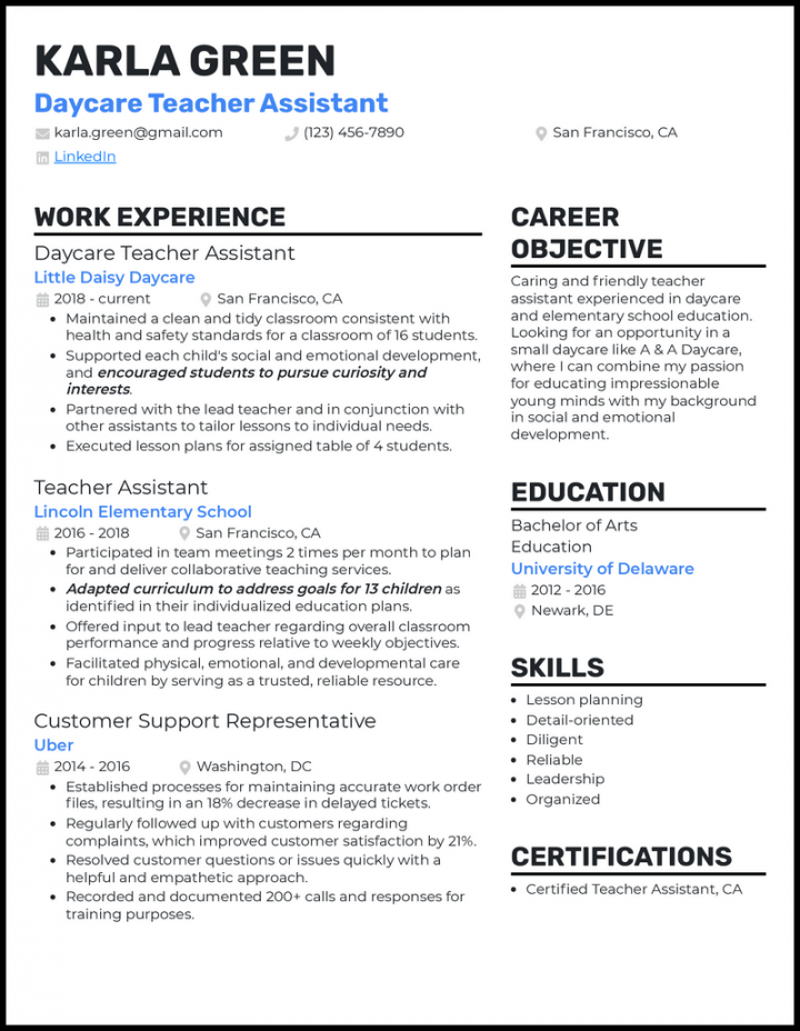 Daycare Teacher Assistant Resume Examples For 202