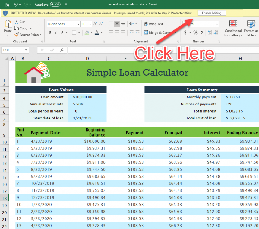 Download Microsoft Excel Simple Loan Calculator Spreadsheet: XLSX