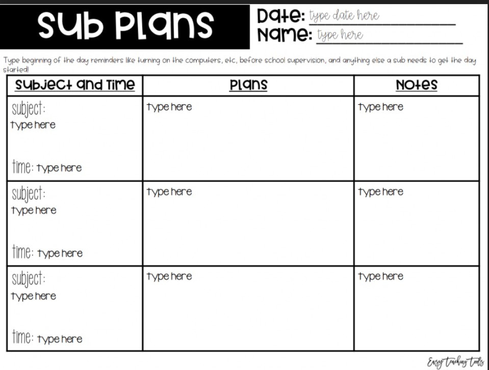 Easy Teaching Tools- Sub Plan Freebie