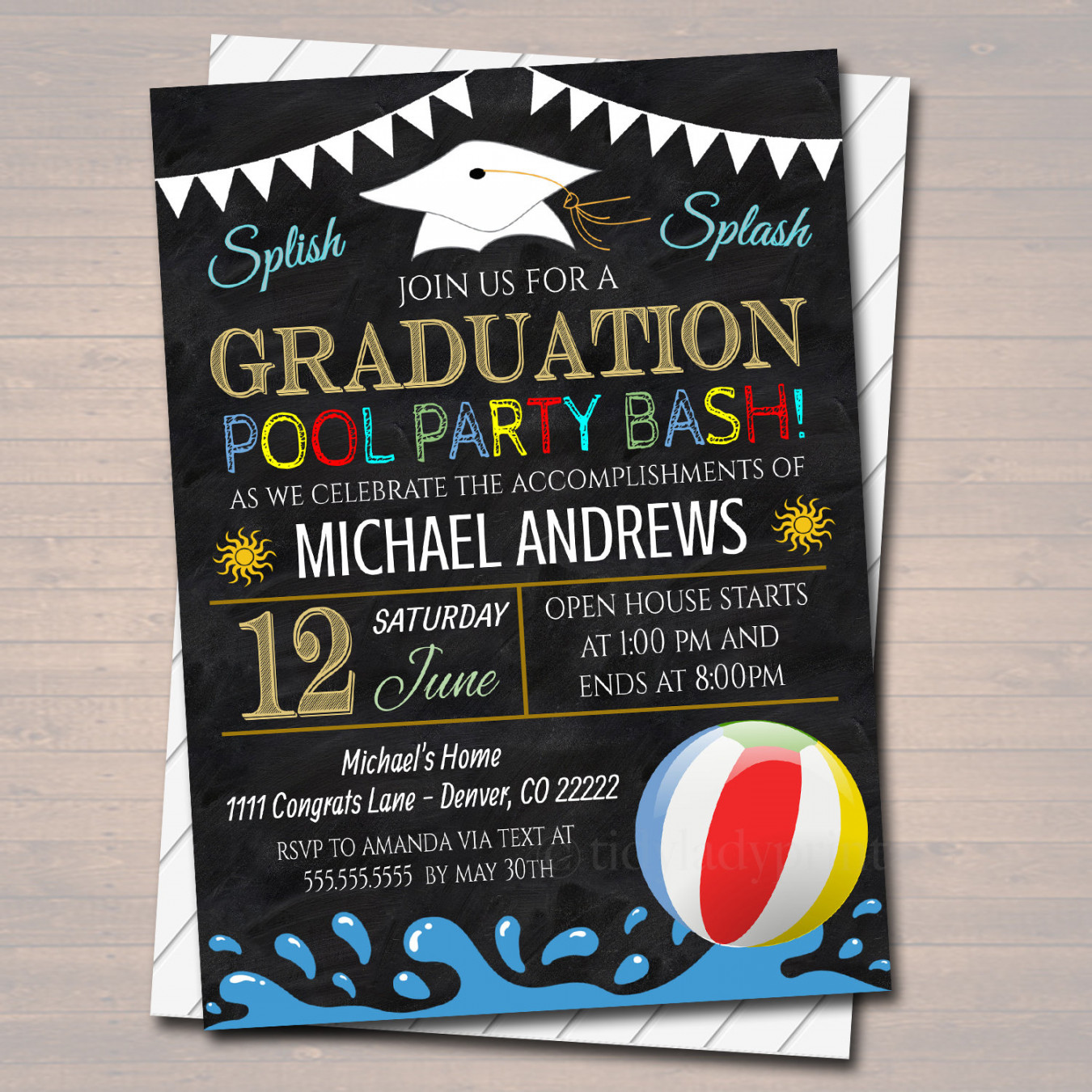 Editable Pool Party Graduation Invitation Chalkboard Printable