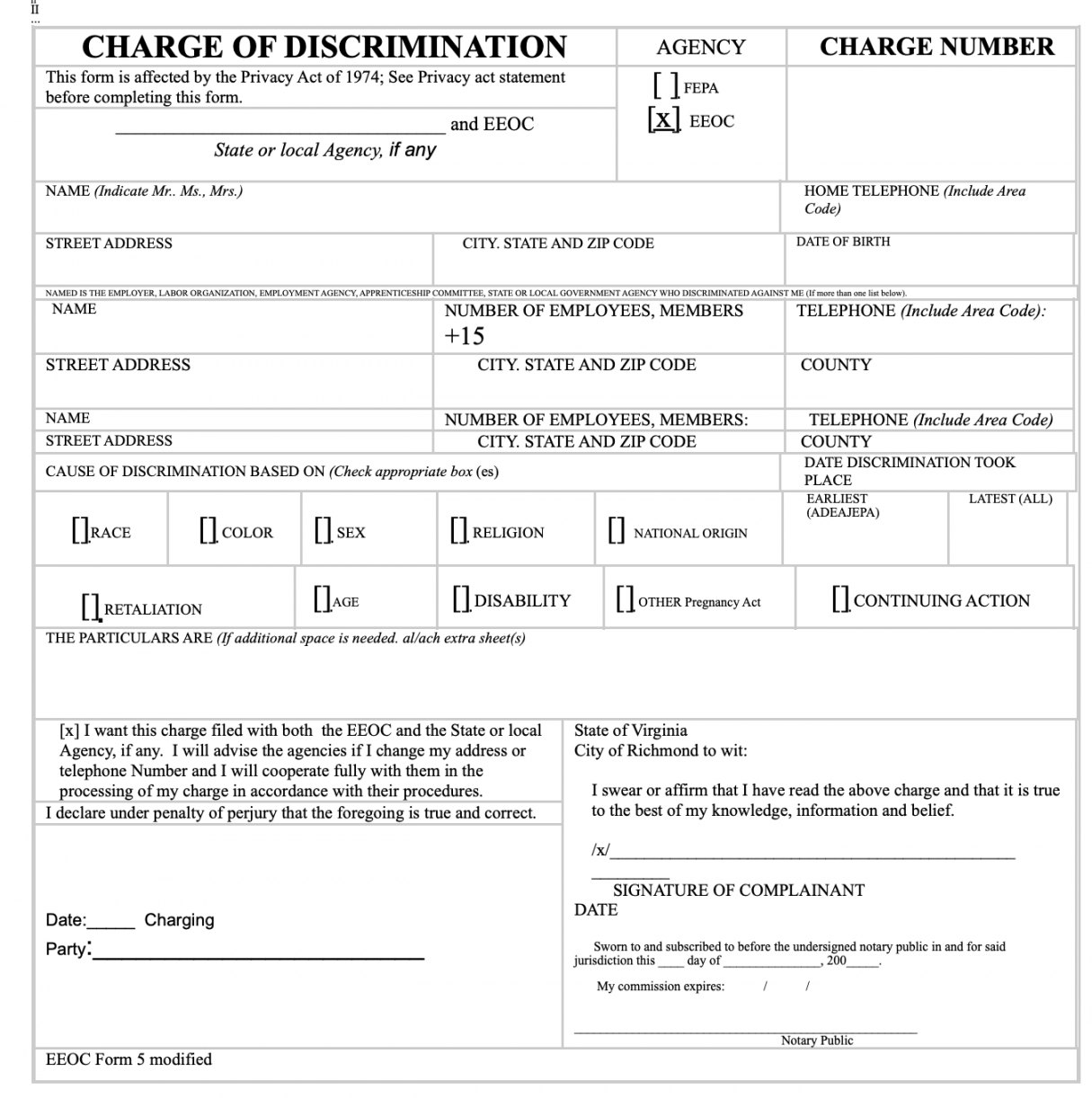 EEOC Form  - Charge of Discrimination - Thomas H