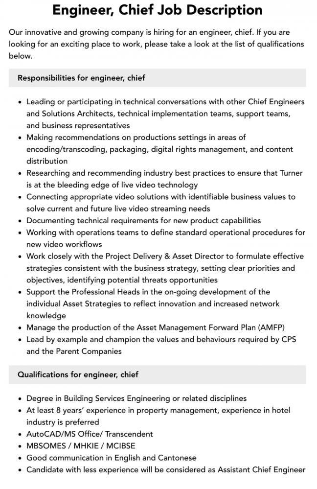 Engineer, Chief Job Description  Velvet Jobs