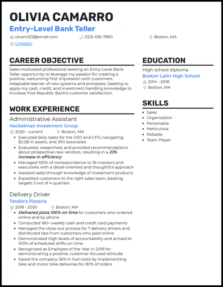 Entry-Level Bank Teller Resume Examples for 202