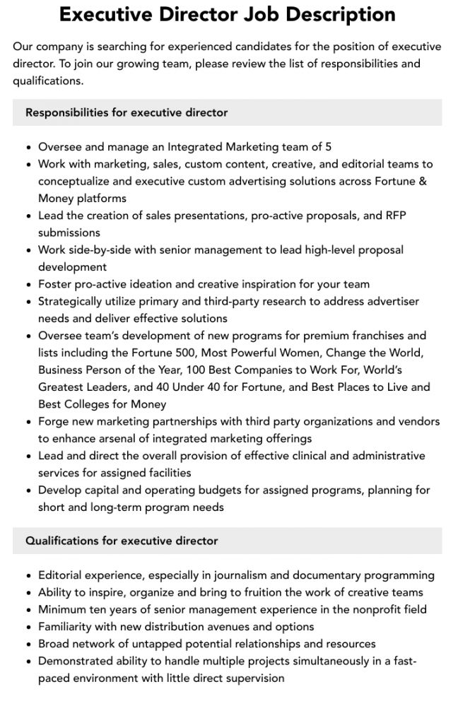 Executive Director Job Description  Velvet Jobs