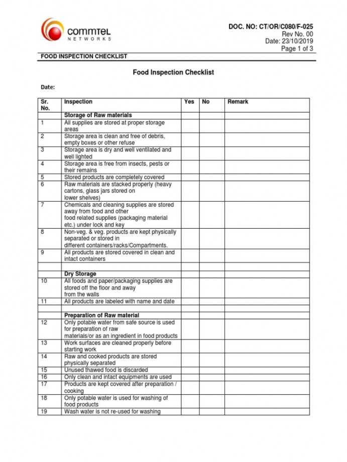 Food Inspection Checklist  PDF  Kitchen Utensil  Hygiene