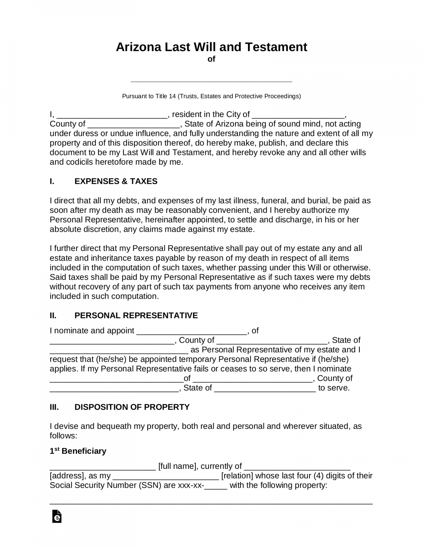 Free Arizona Last Will and Testament Template - PDF  Word – eForms