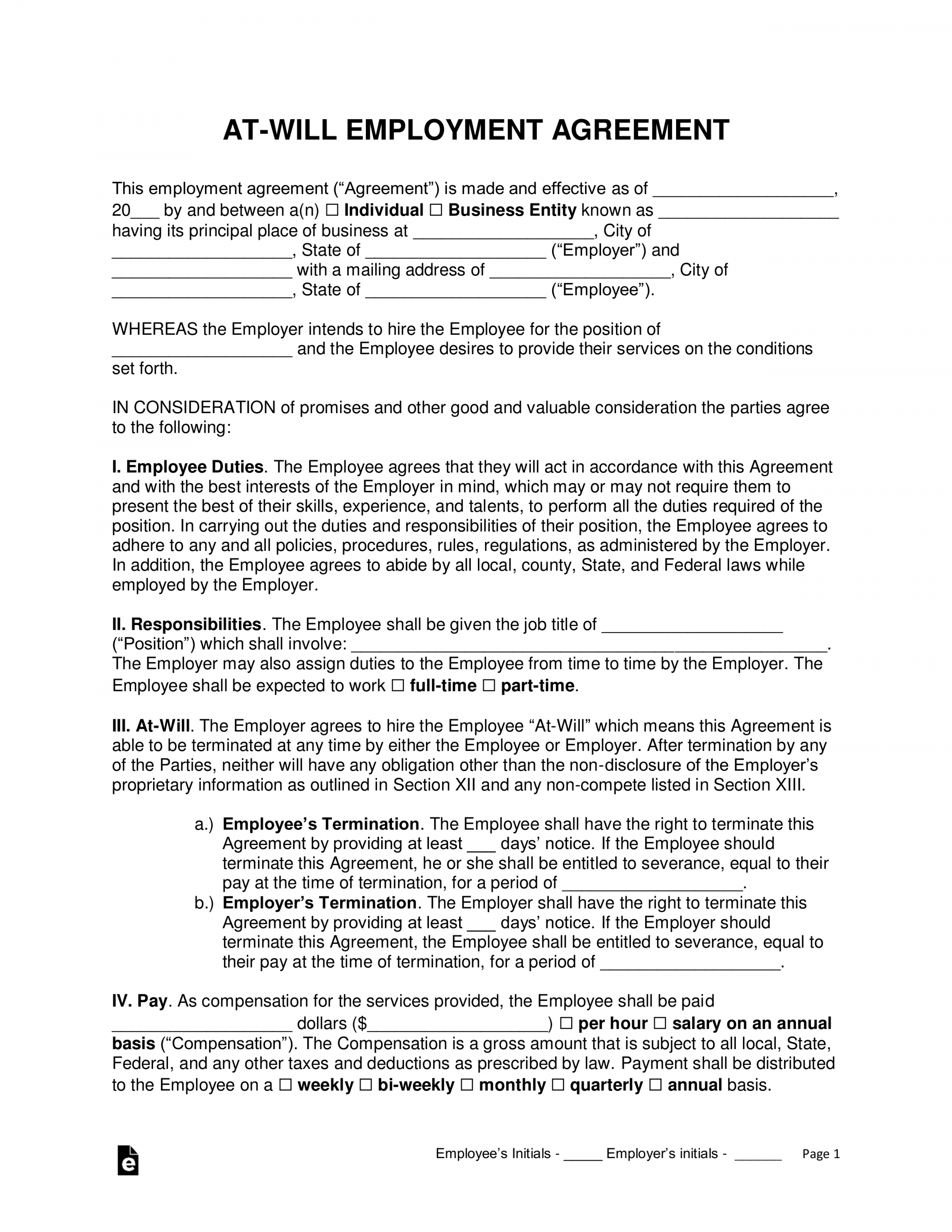 Free At-Will Employment Contract Template - PDF  Word – eForms