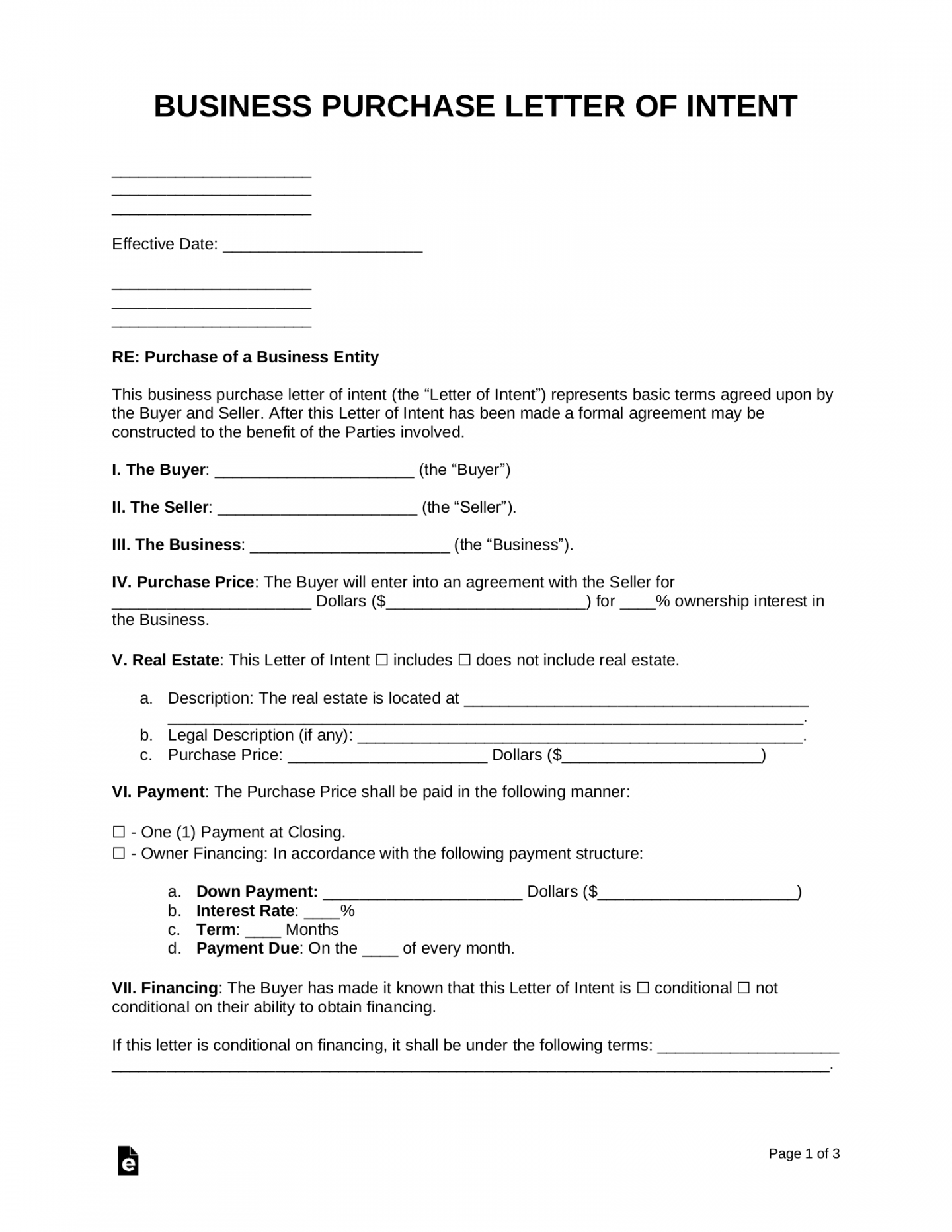 Free Business Purchase Letter of Intent Template - PDF  Word – eForms