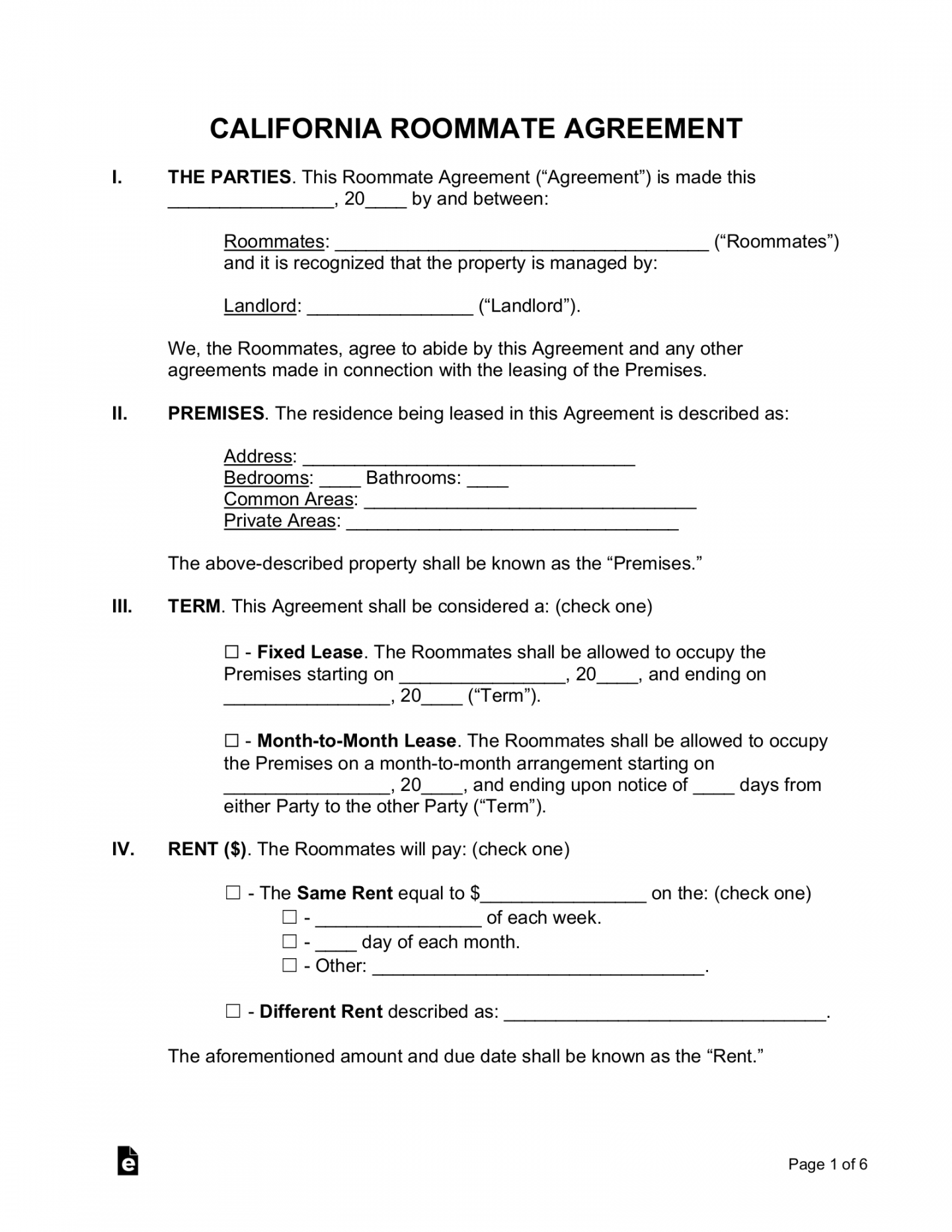 Free California Roommate Agreement Template - PDF  Word – eForms