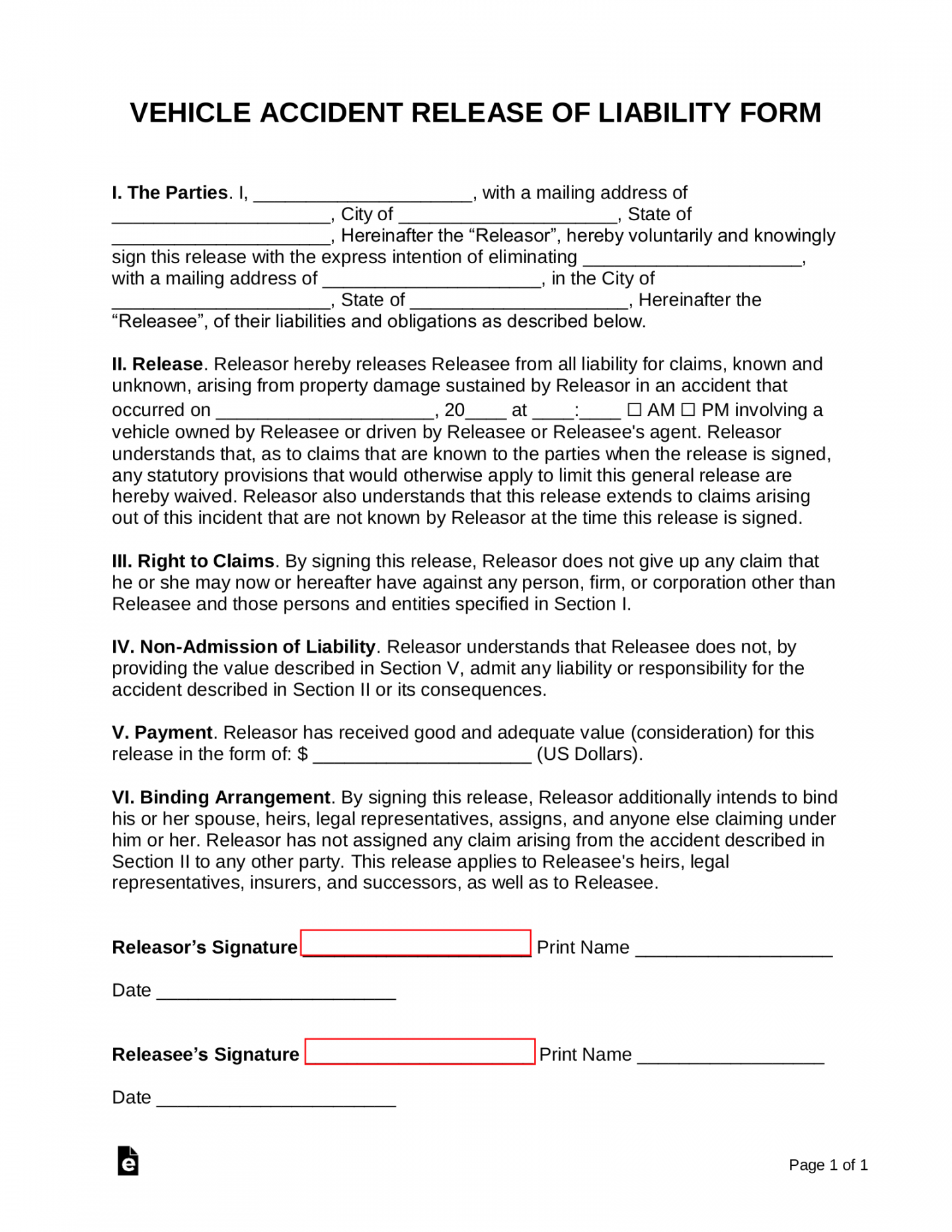 Free Car Accident Release of Liability Form (Settlement Agreement