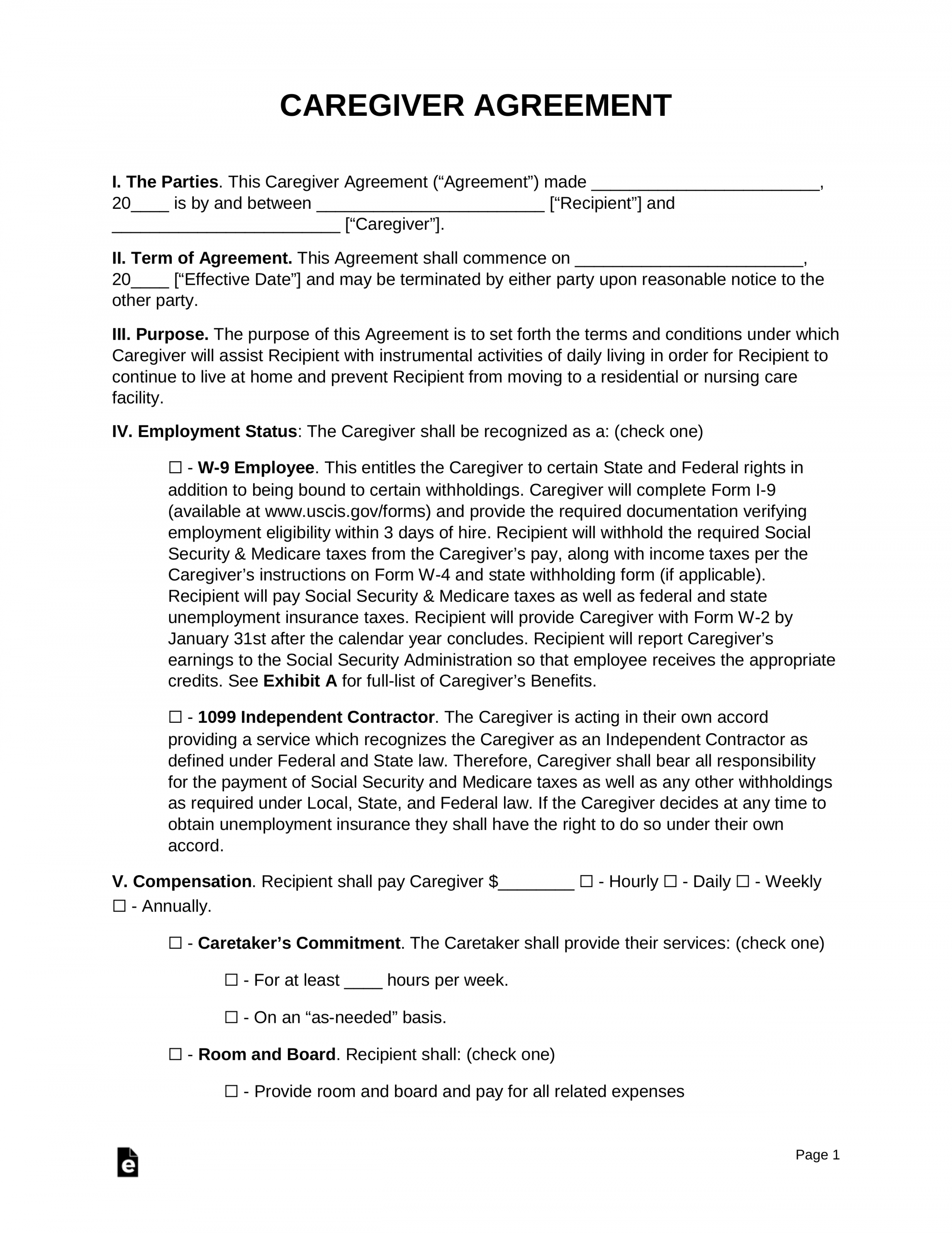 Free Caregiver Agreement Template - PDF  Word – eForms