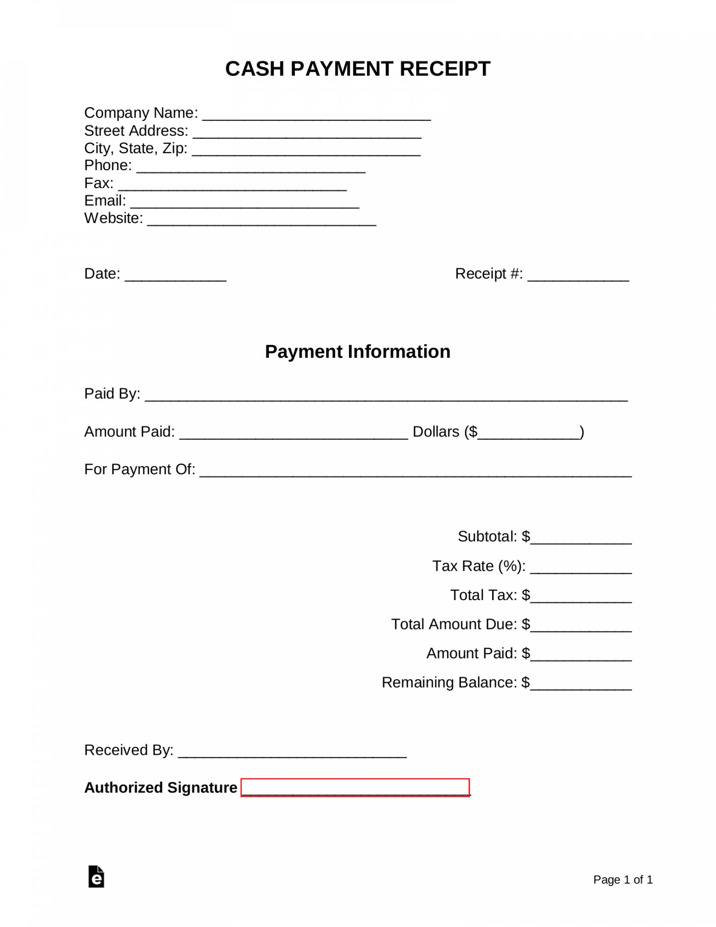 Free Cash Payment Receipt Template - PDF  Word – eForms