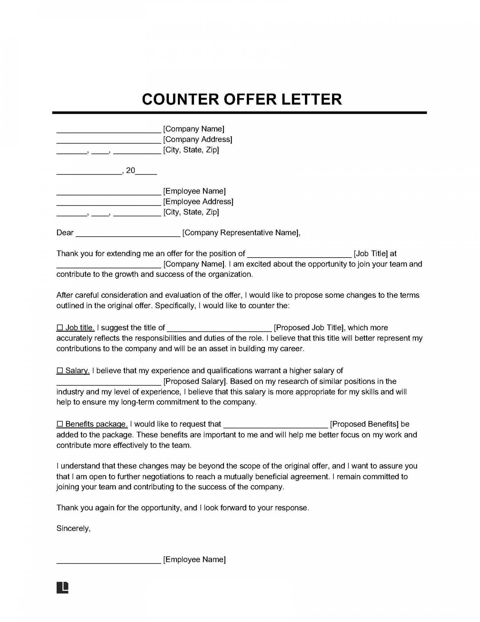 Free Counter Offer Letter Template  Printable PDF & Word