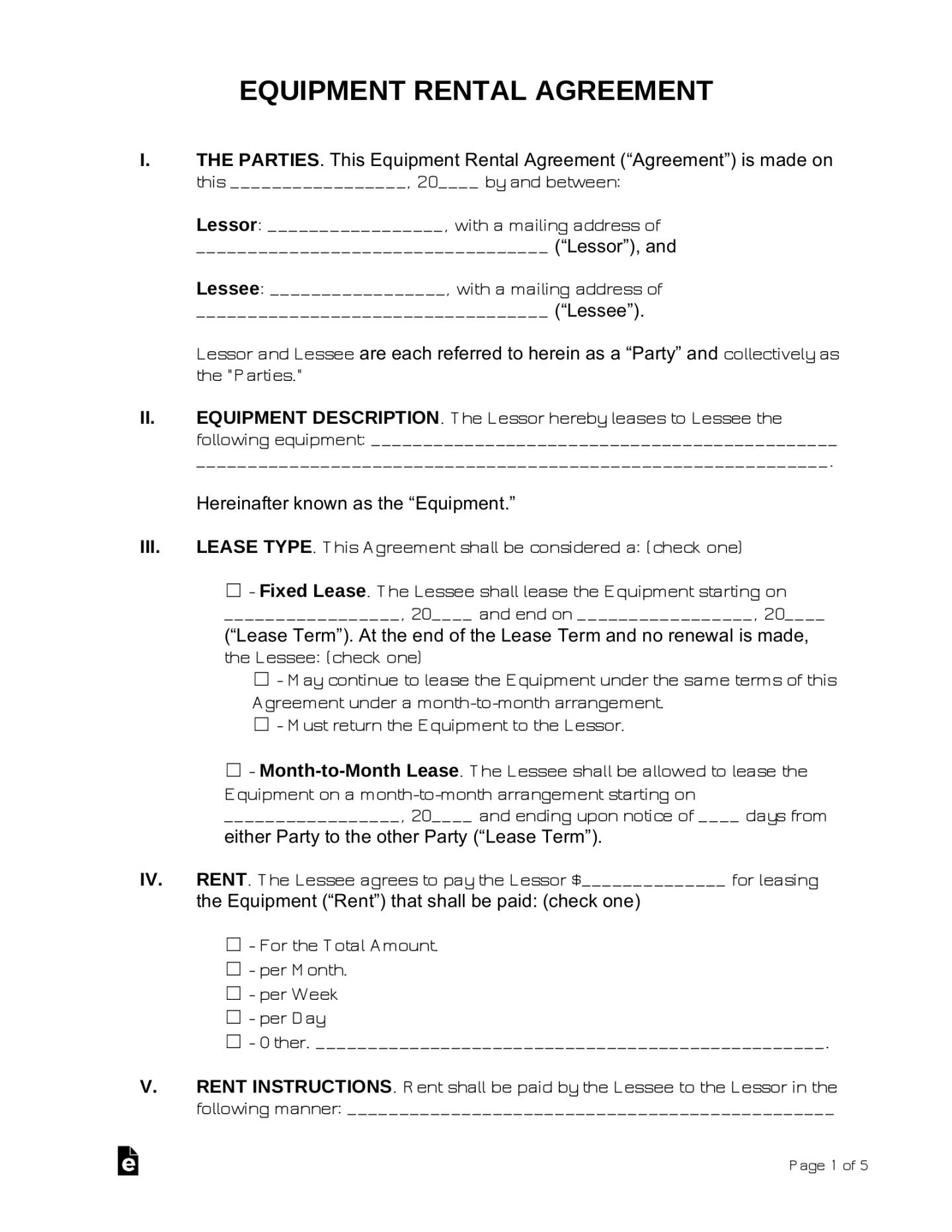 Free Equipment Lease Agreement Template - PDF  Word – eForms