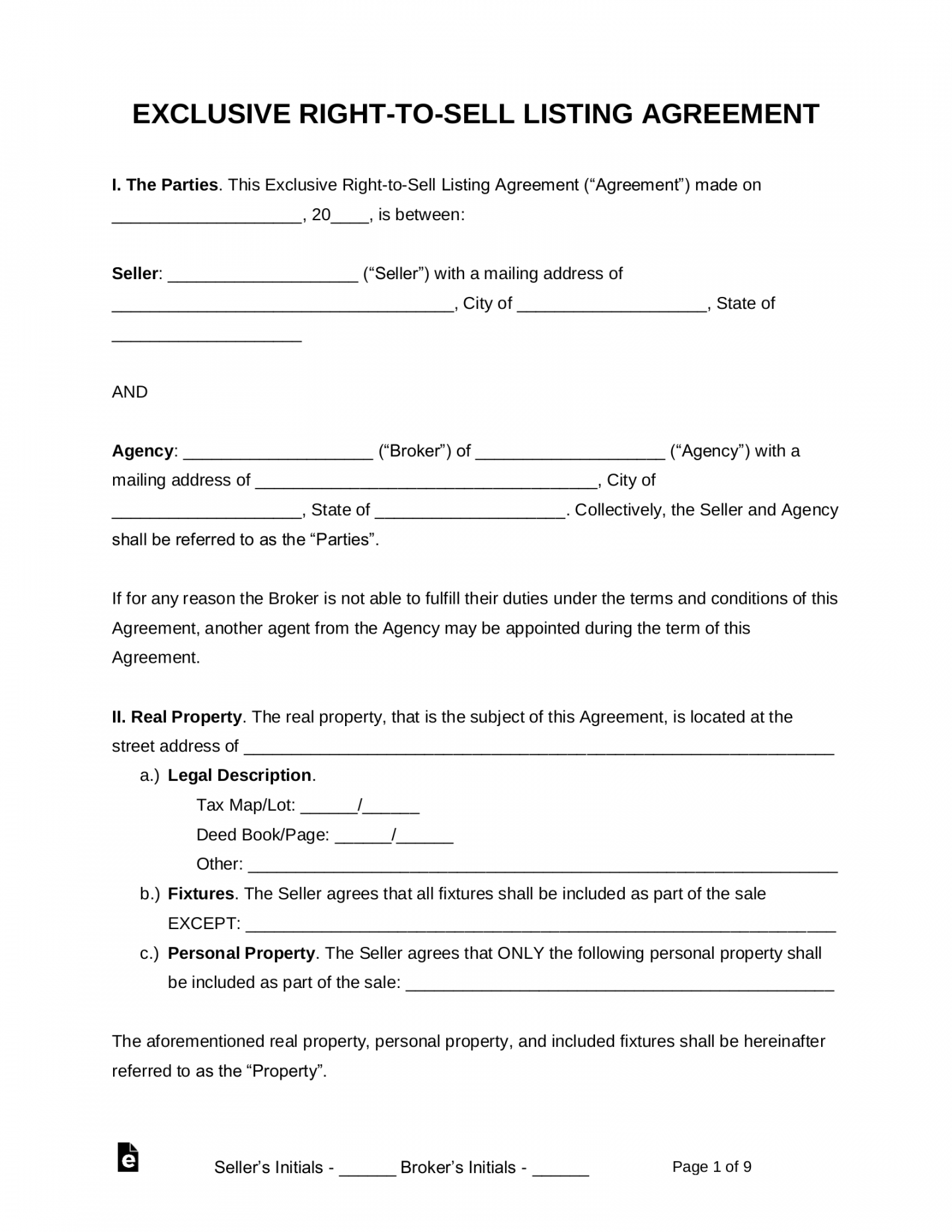 Free Exclusive Right-to-Sell Listing Agreement - PDF  Word – eForms