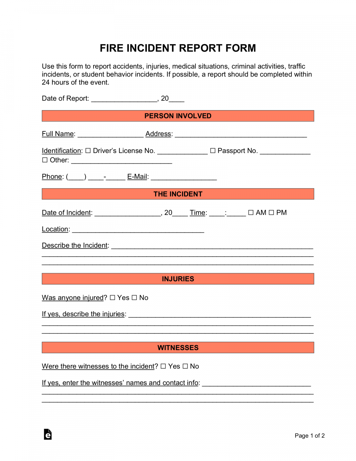 Free Fire Incident Report Form - PDF  Word – eForms