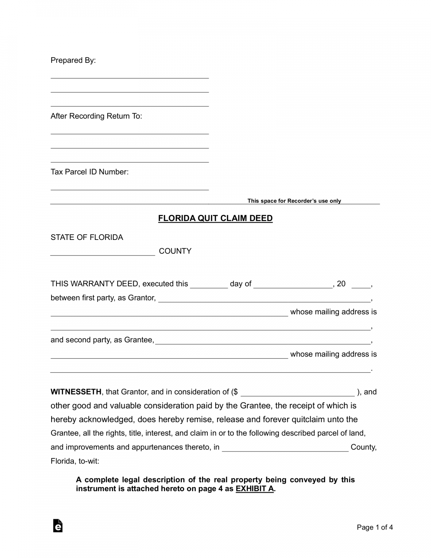 Free Florida Quit Claim Deed Form - PDF  Word – eForms