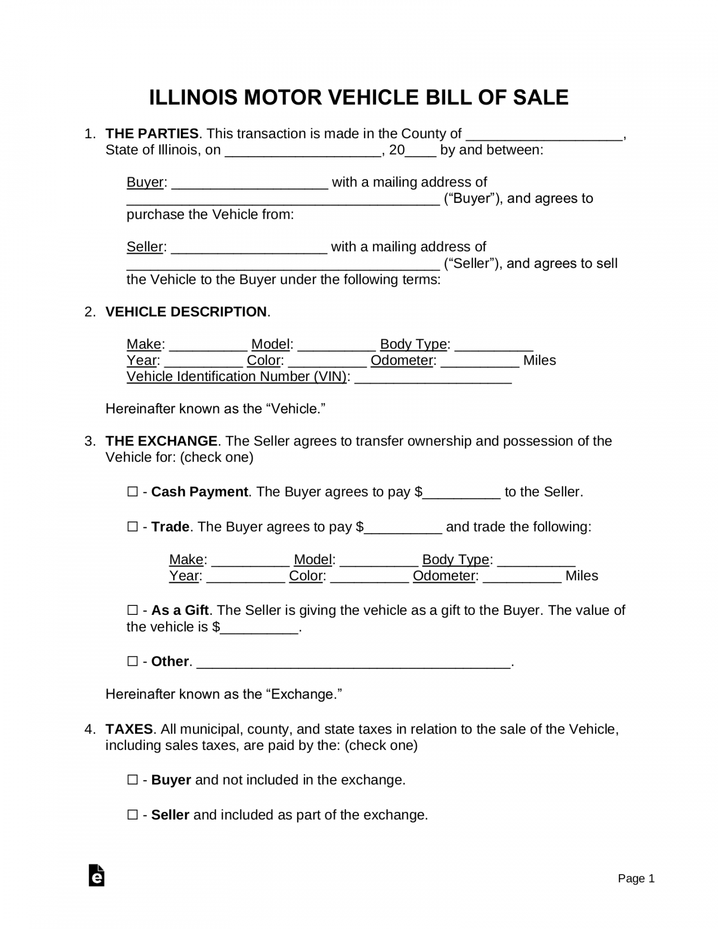 Free Illinois Motor Vehicle Bill of Sale Form - PDF  Word – eForms