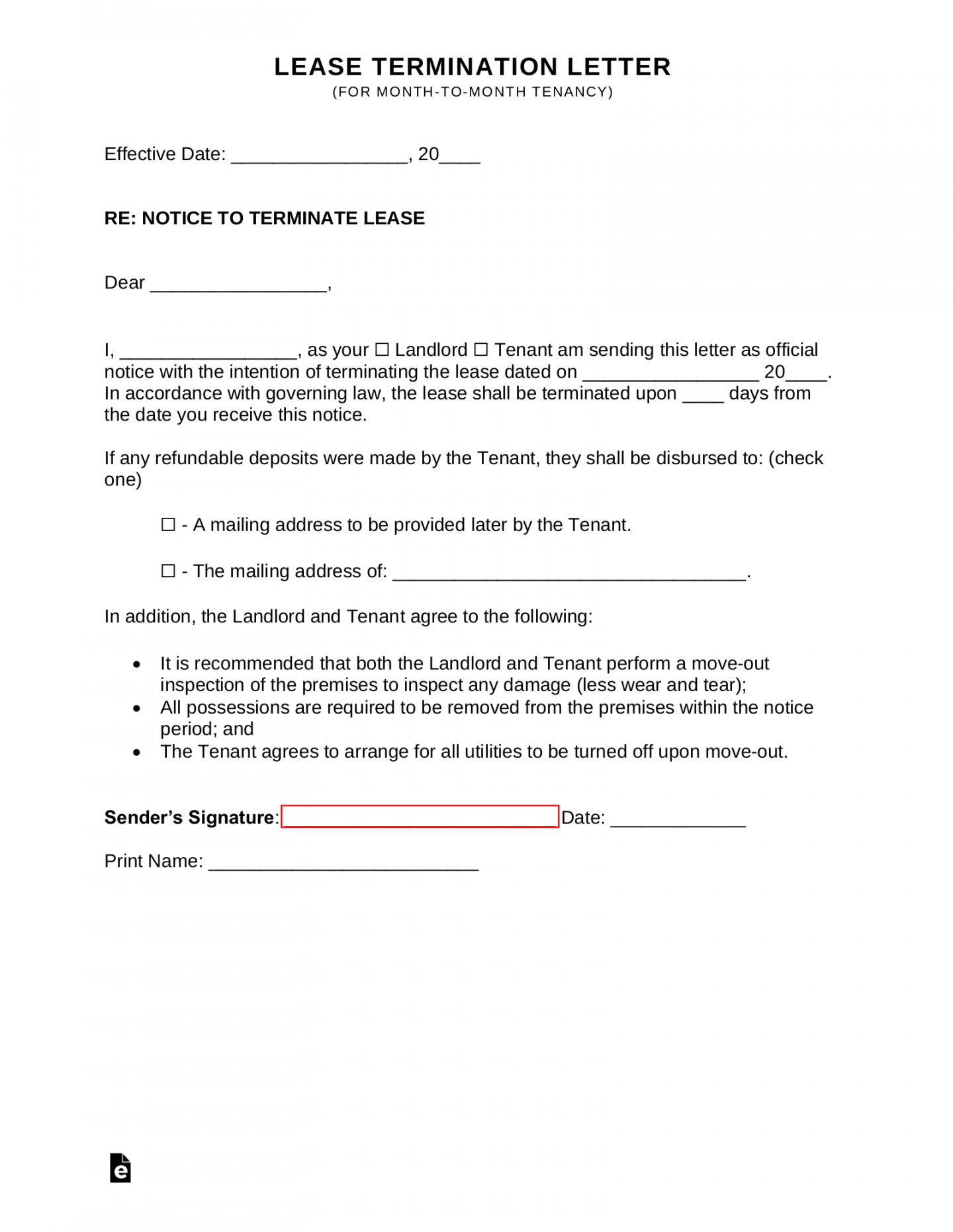 Free Lease Termination Letter (Month-to-Month Tenancy)  -Day