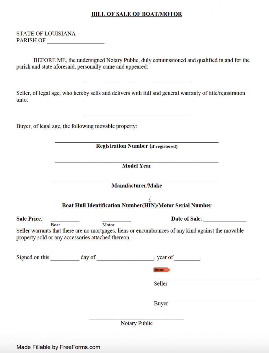 Free Louisiana Boat (Vessel) Bill of Sale Form  PDF