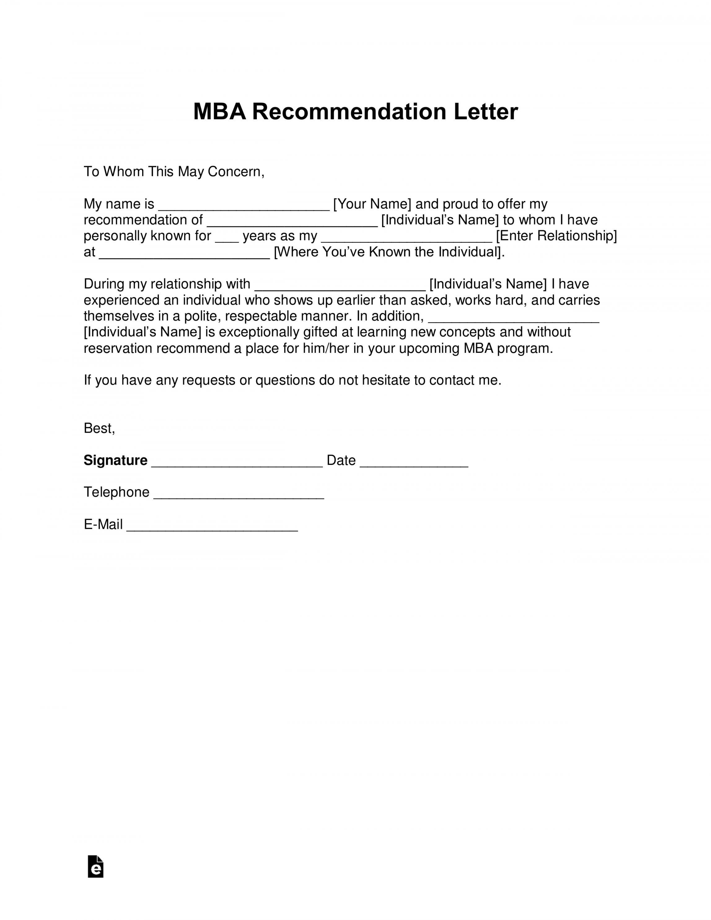 Free MBA Letter of Recommendation Template - with Samples - PDF