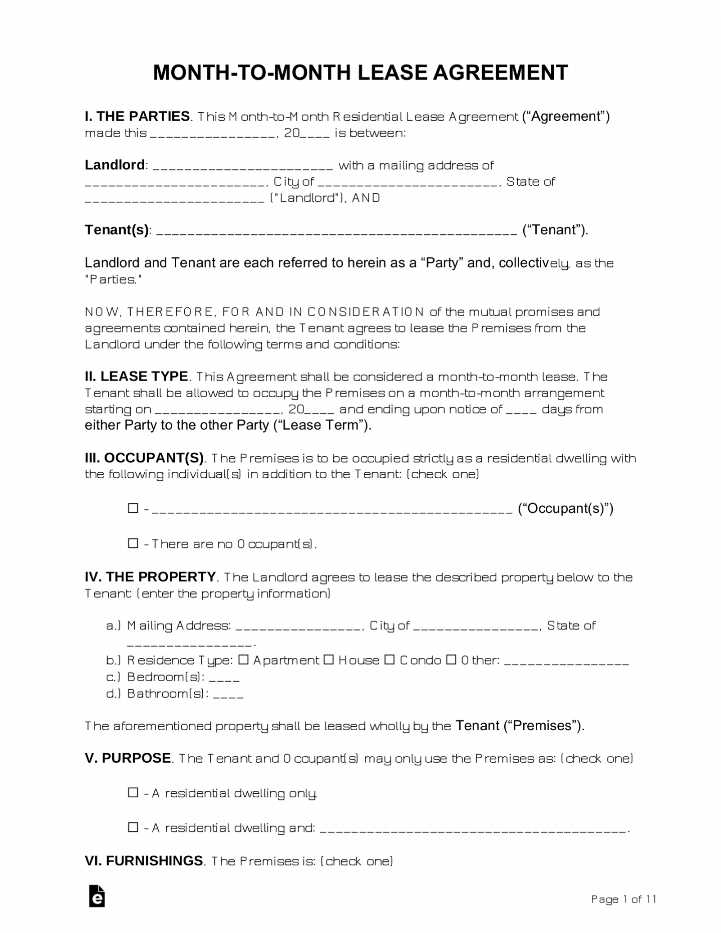 Free Month-to-Month Rental Agreement Template - PDF  Word – eForms