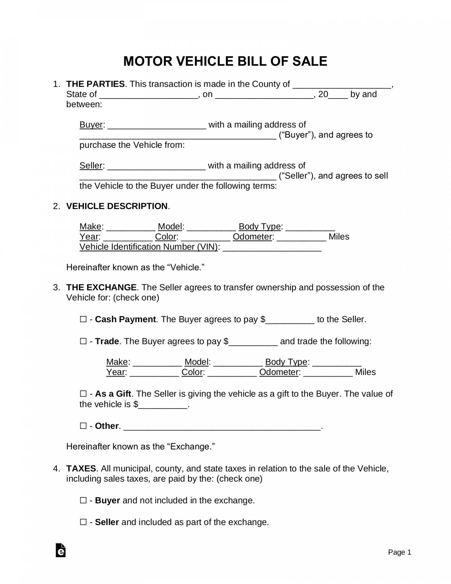 Free Motor Vehicle (DMV) Bill of Sale Form - PDF  Word – eForms