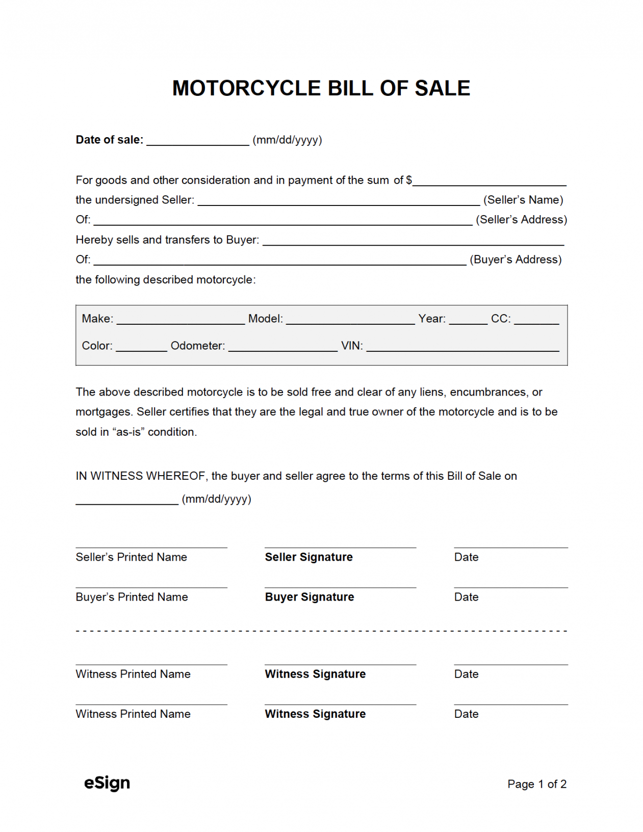 Free Motorcycle Bill of Sale Form  PDF  Word