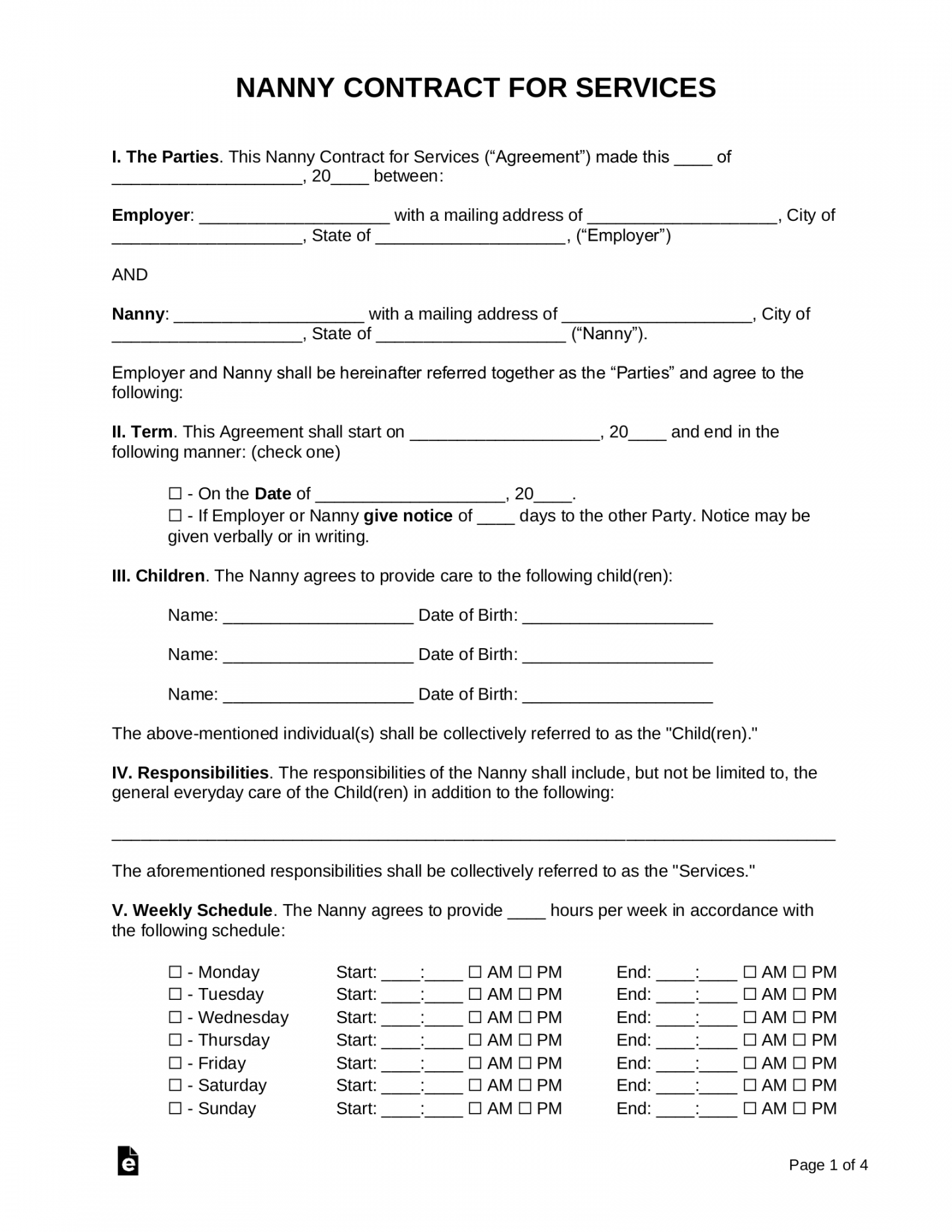 Free Nanny Contract Template - Samples - PDF  Word – eForms