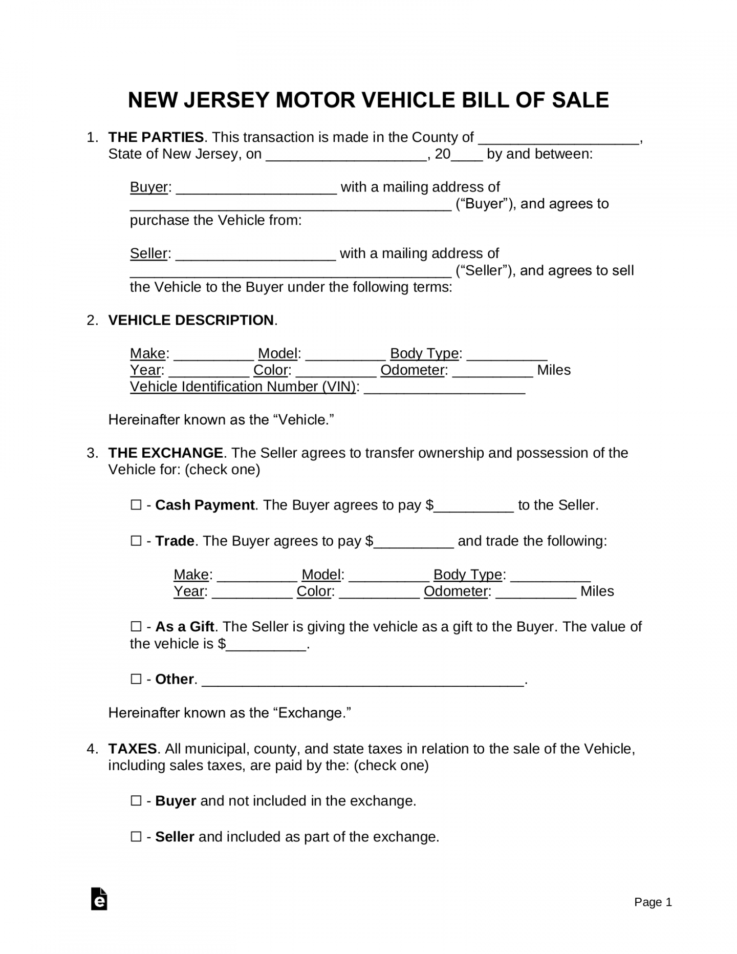 Free New Jersey Motor Vehicle Bill of Sale Form - PDF  Word – eForms