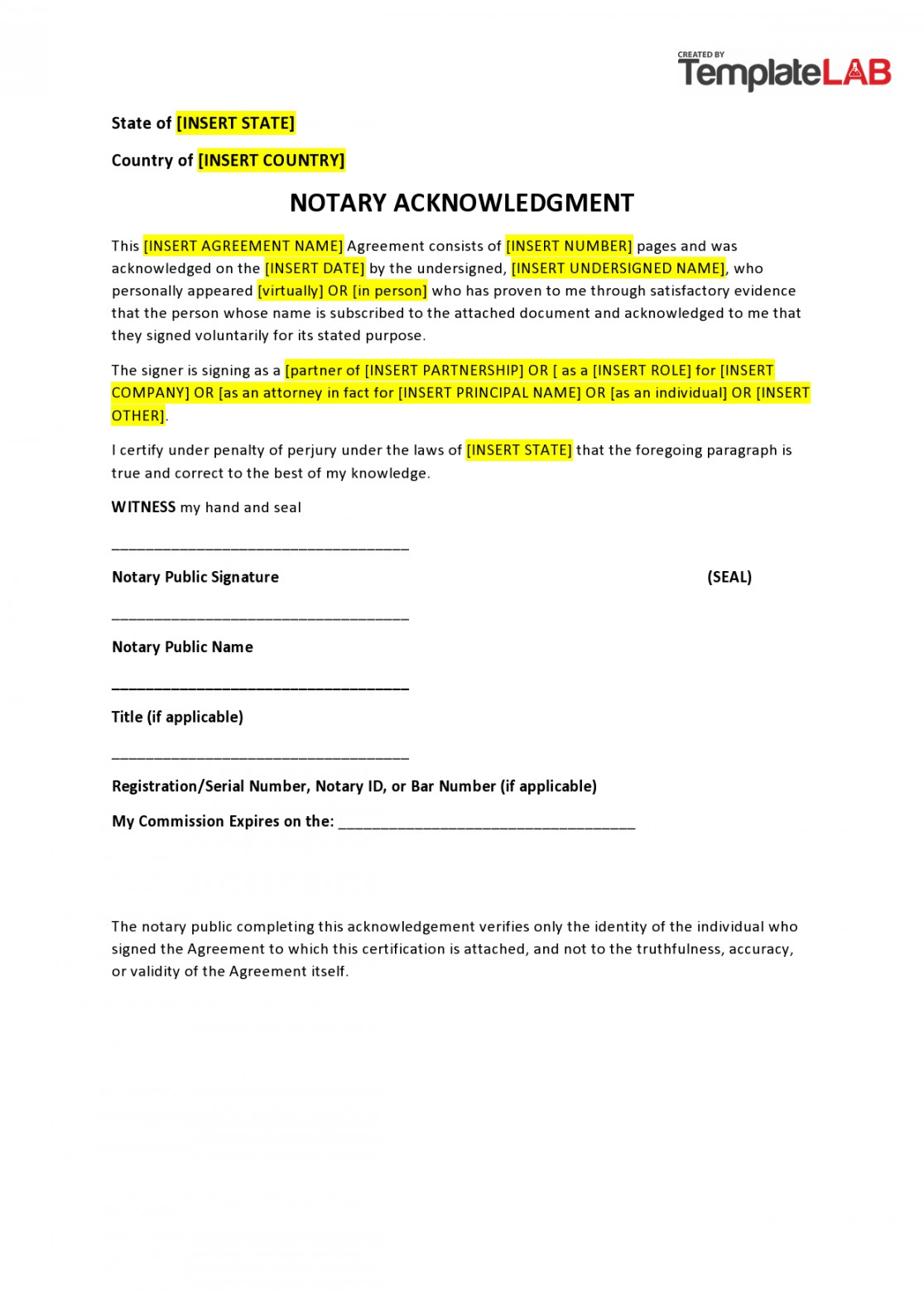 Free Notary Acknowledgement & Statement Templates ᐅ TemplateLab