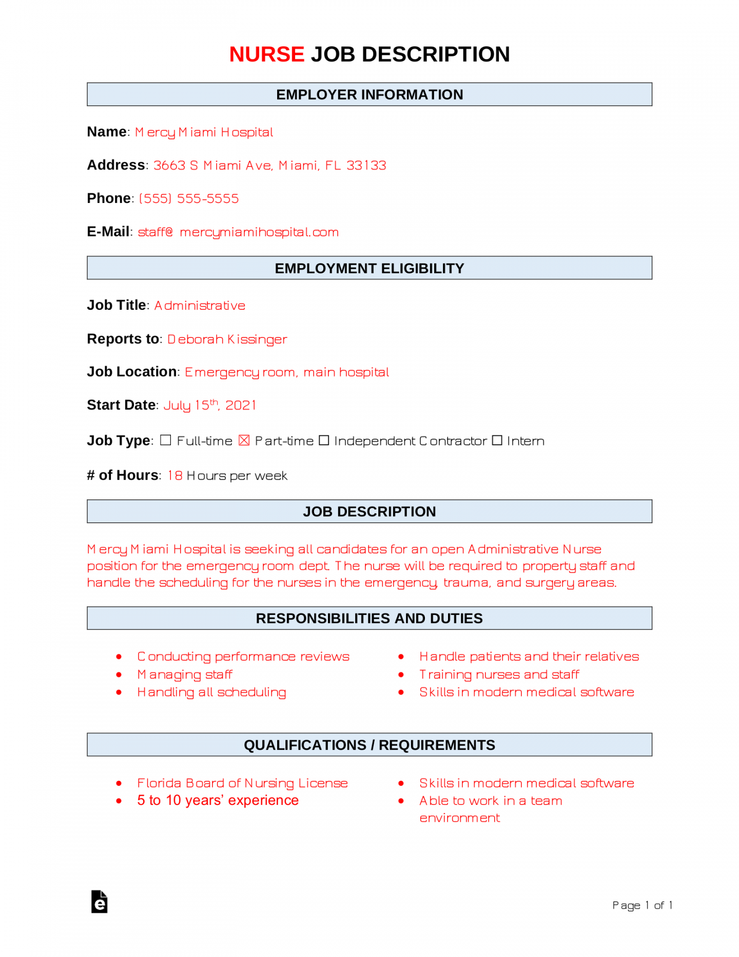 Free Nurse Job Description Template  Sample - PDF  Word – eForms