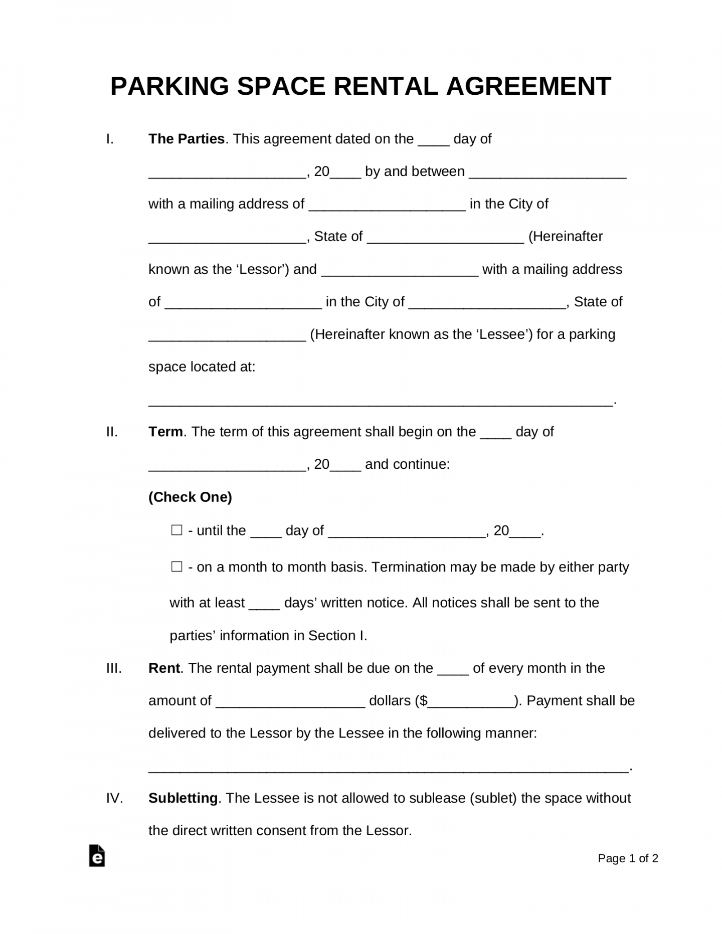 Free Parking Space Lease Agreement Template - PDF  Word – eForms