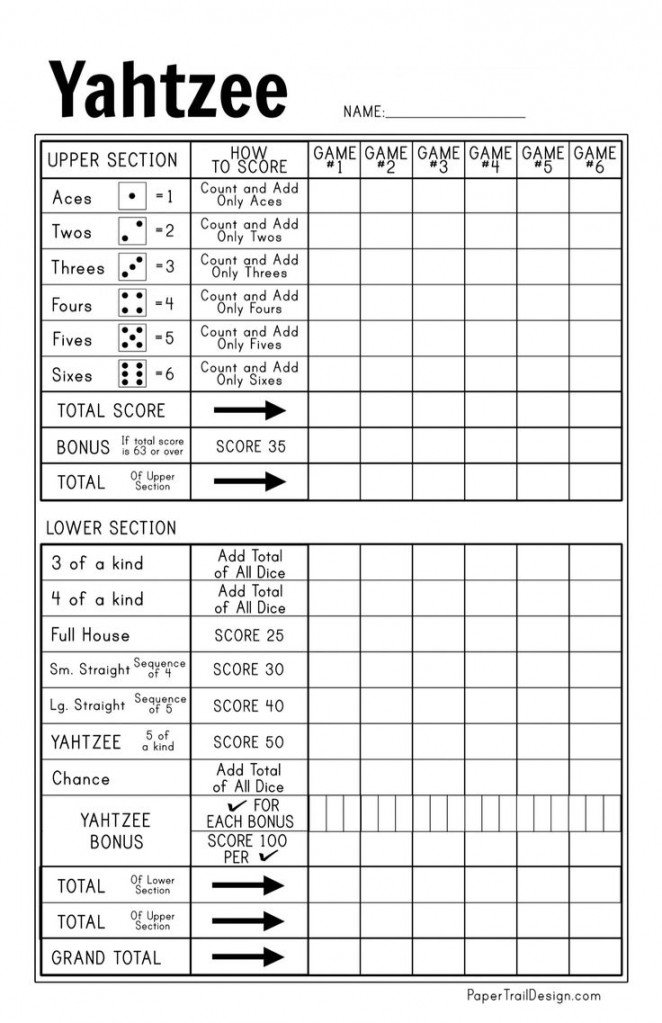 Free Printable Yahtzee Score Card - Paper Trail Design  Yahtzee