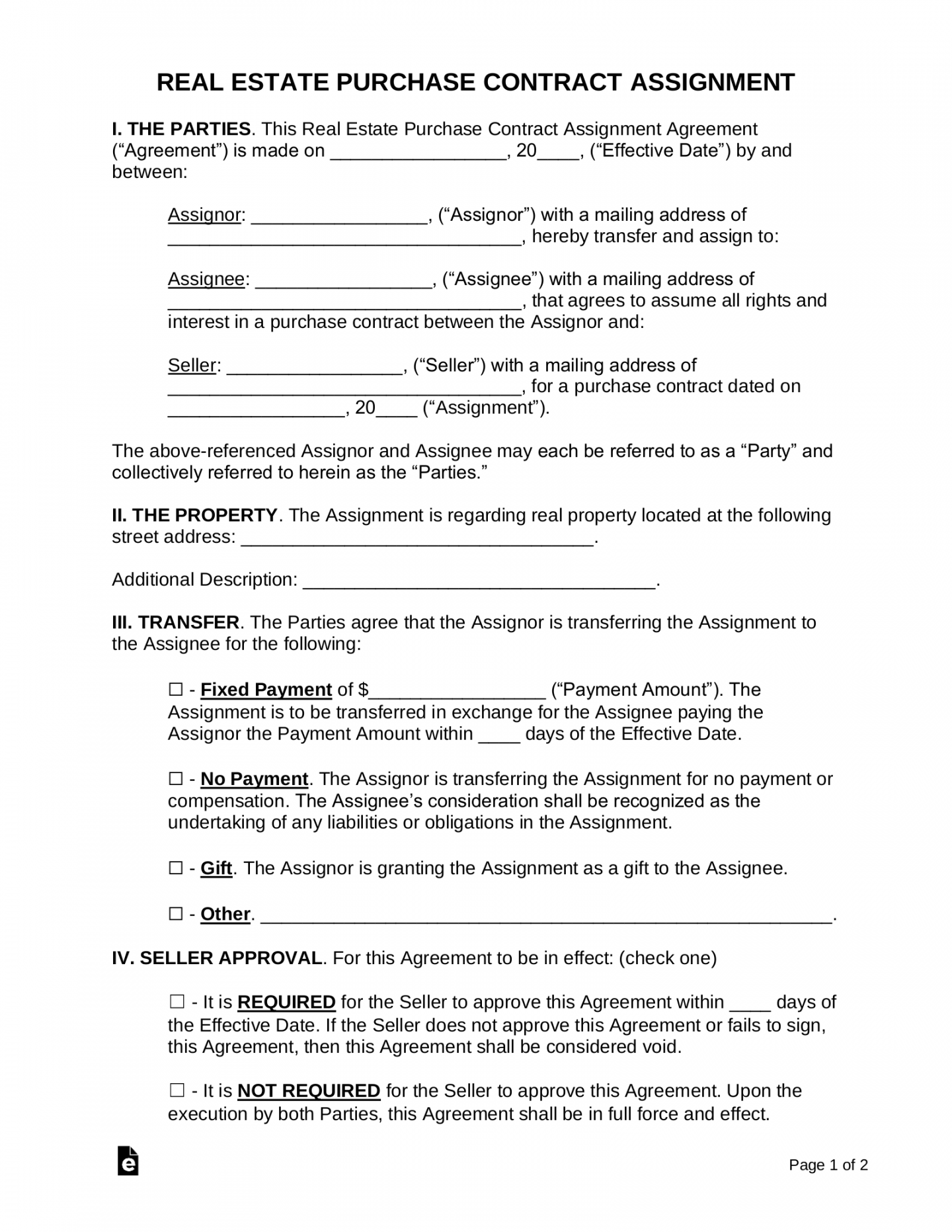 Free Purchase Contract Assignment Form - PDF  Word – eForms