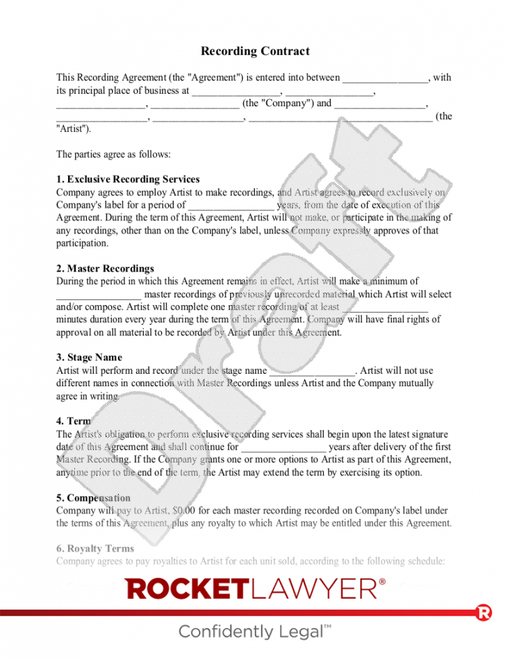 Free Recording Agreement Template & FAQs - Rocket Lawyer