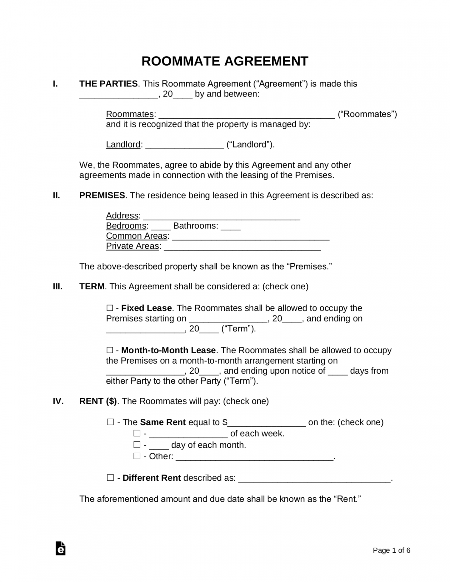 Free Roommate (Room Rental) Agreement Template - PDF  Word – eForms