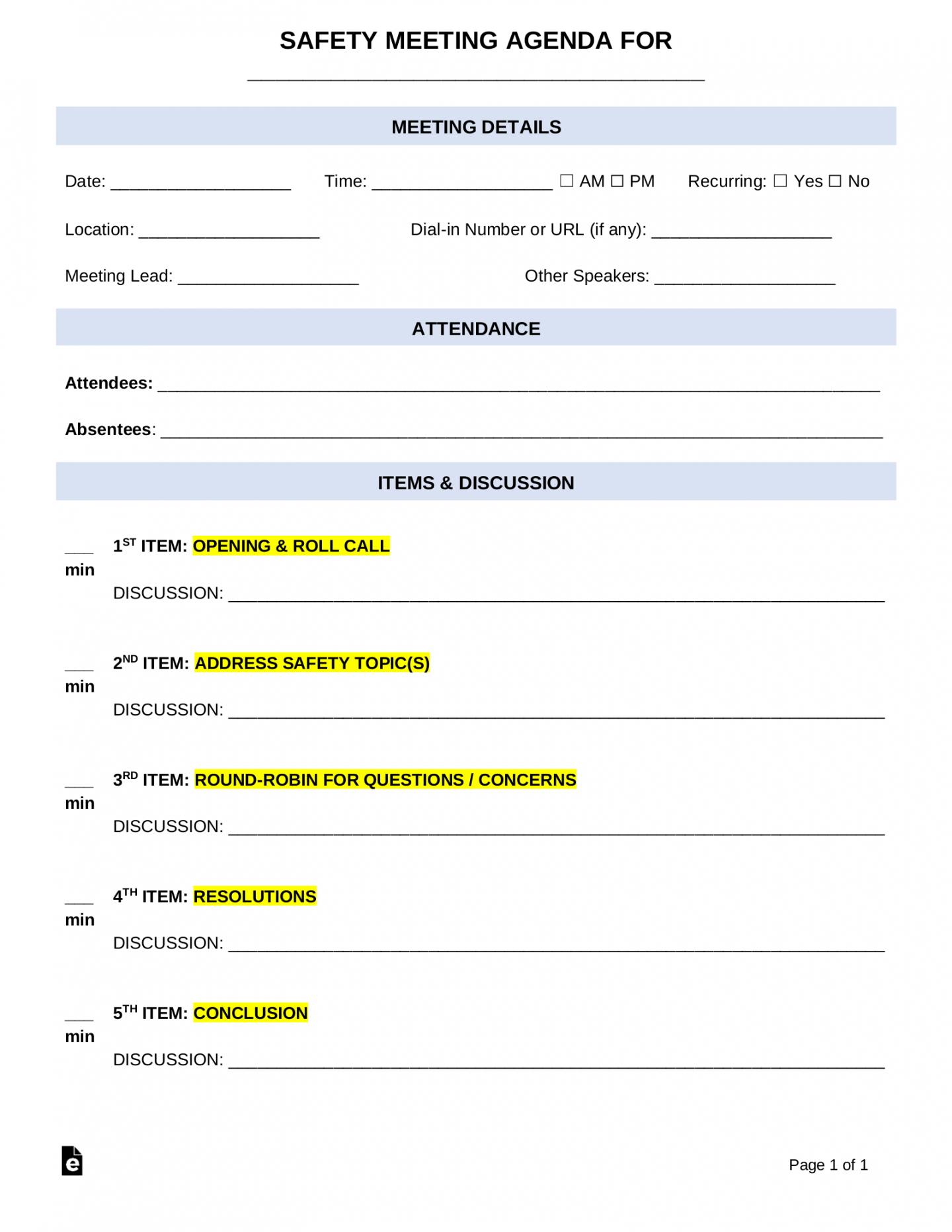 Free Safety Meeting Agenda Template  Sample - PDF  Word – eForms