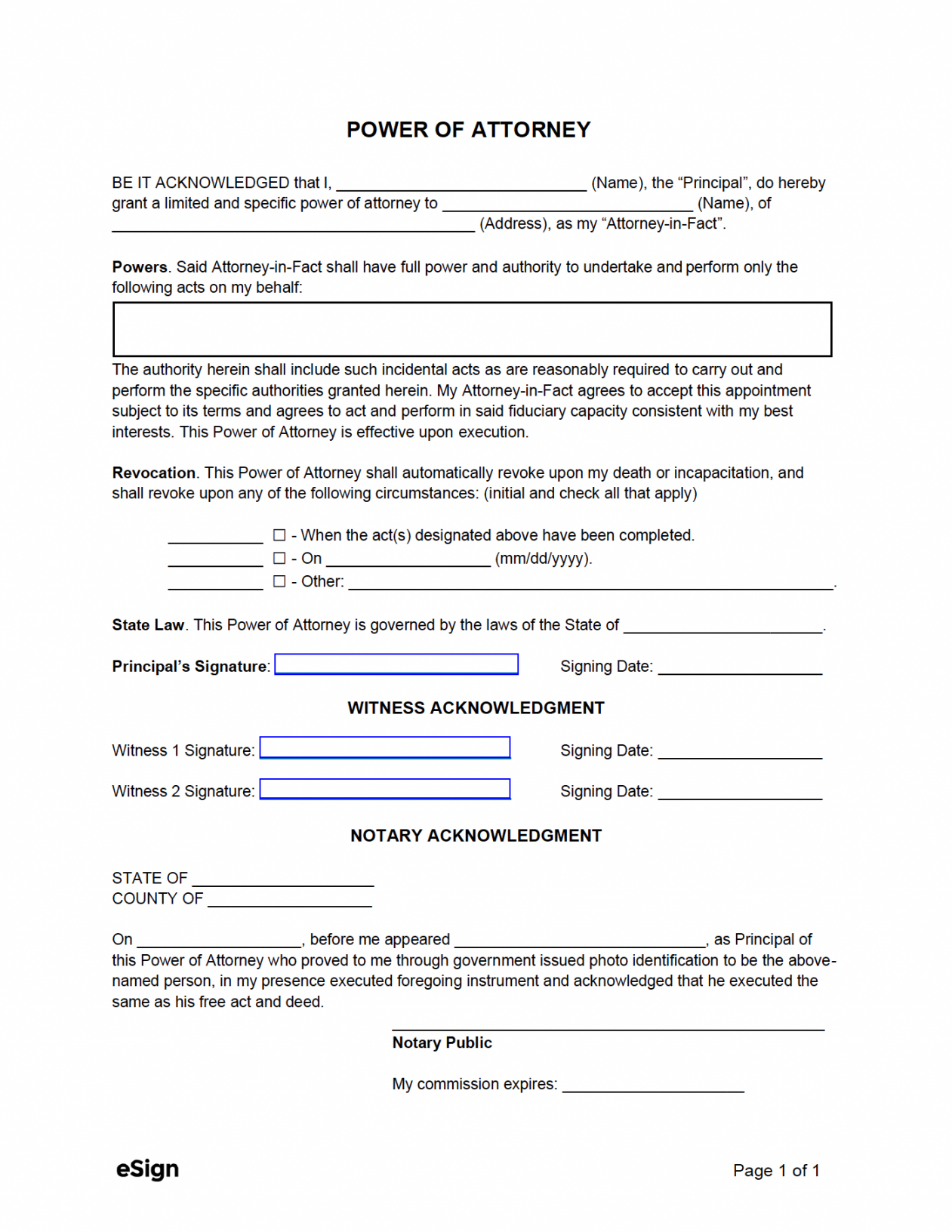 Free Simple (-Page) Power of Attorney Form  PDF  Word