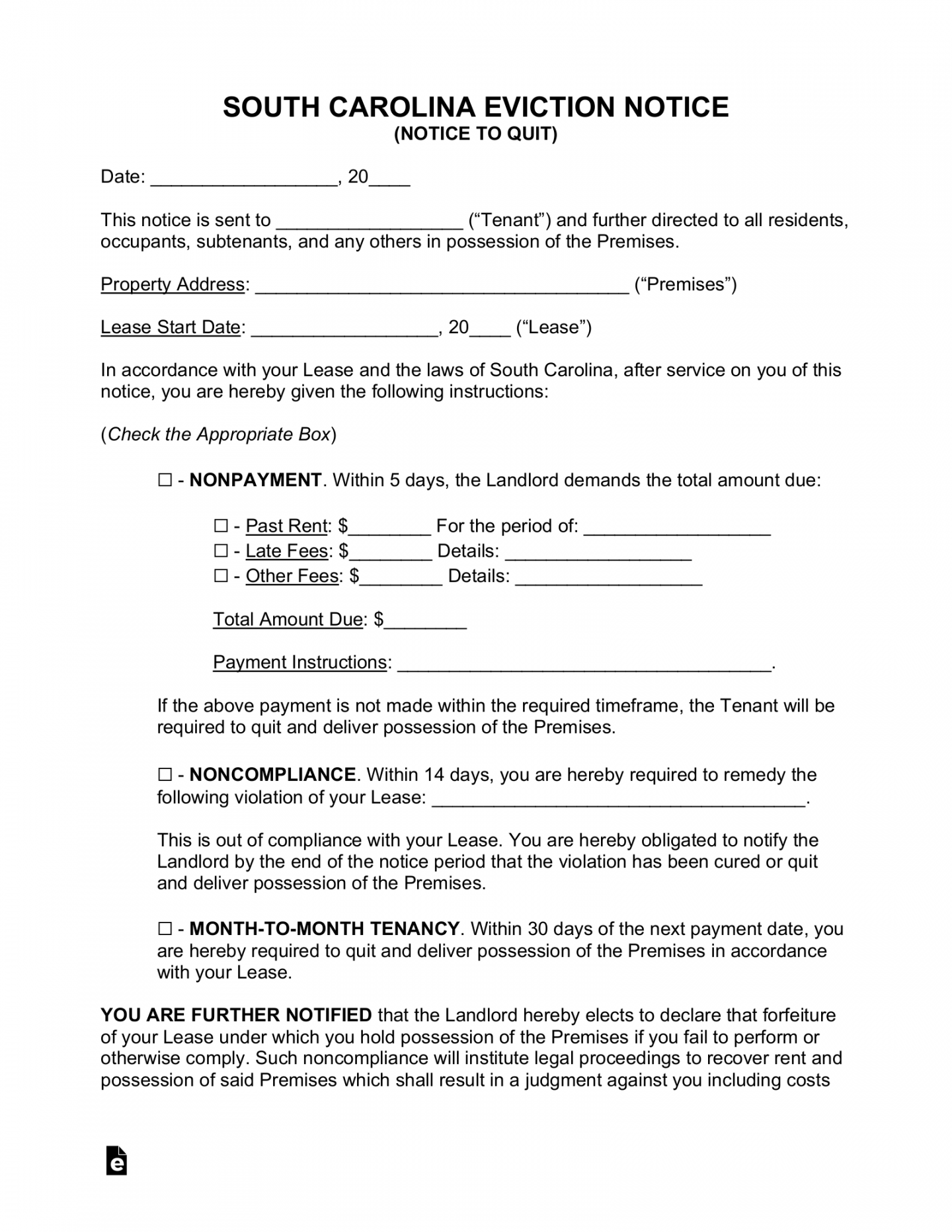 Free South Carolina Eviction Notice Forms () - PDF  Word – eForms