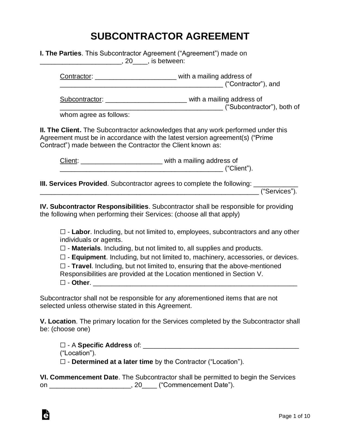 Free Subcontractor Agreement Templates - PDF  Word – eForms