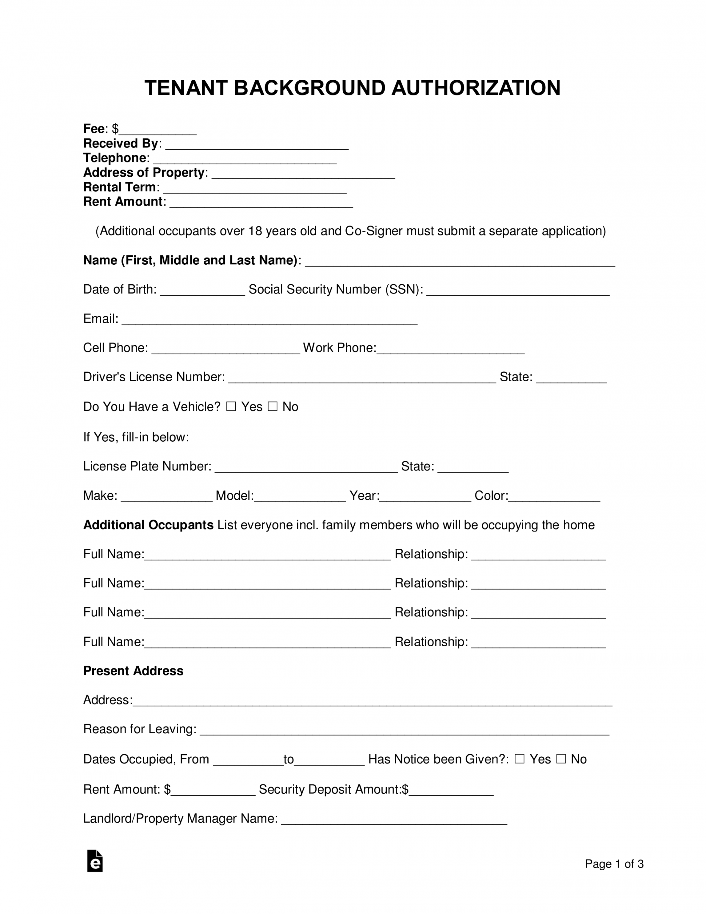 Free Tenant (Renter) Background Check Form - PDF  Word – eForms