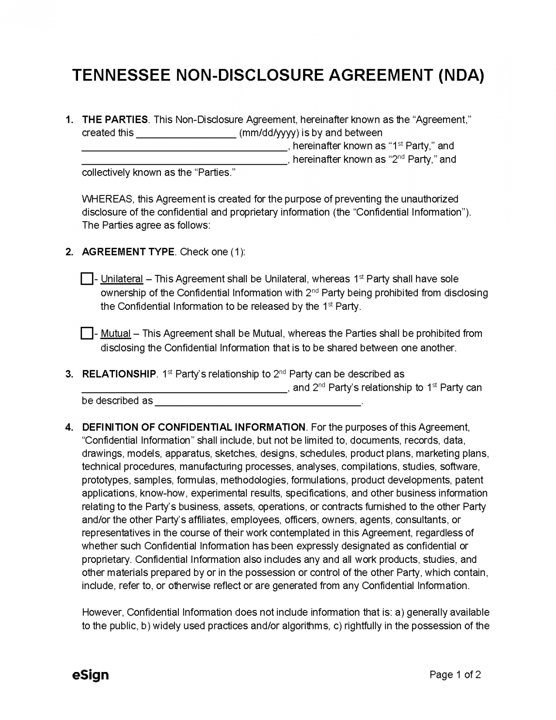 Free Tennessee Non-Disclosure Agreement Template  PDF  Word