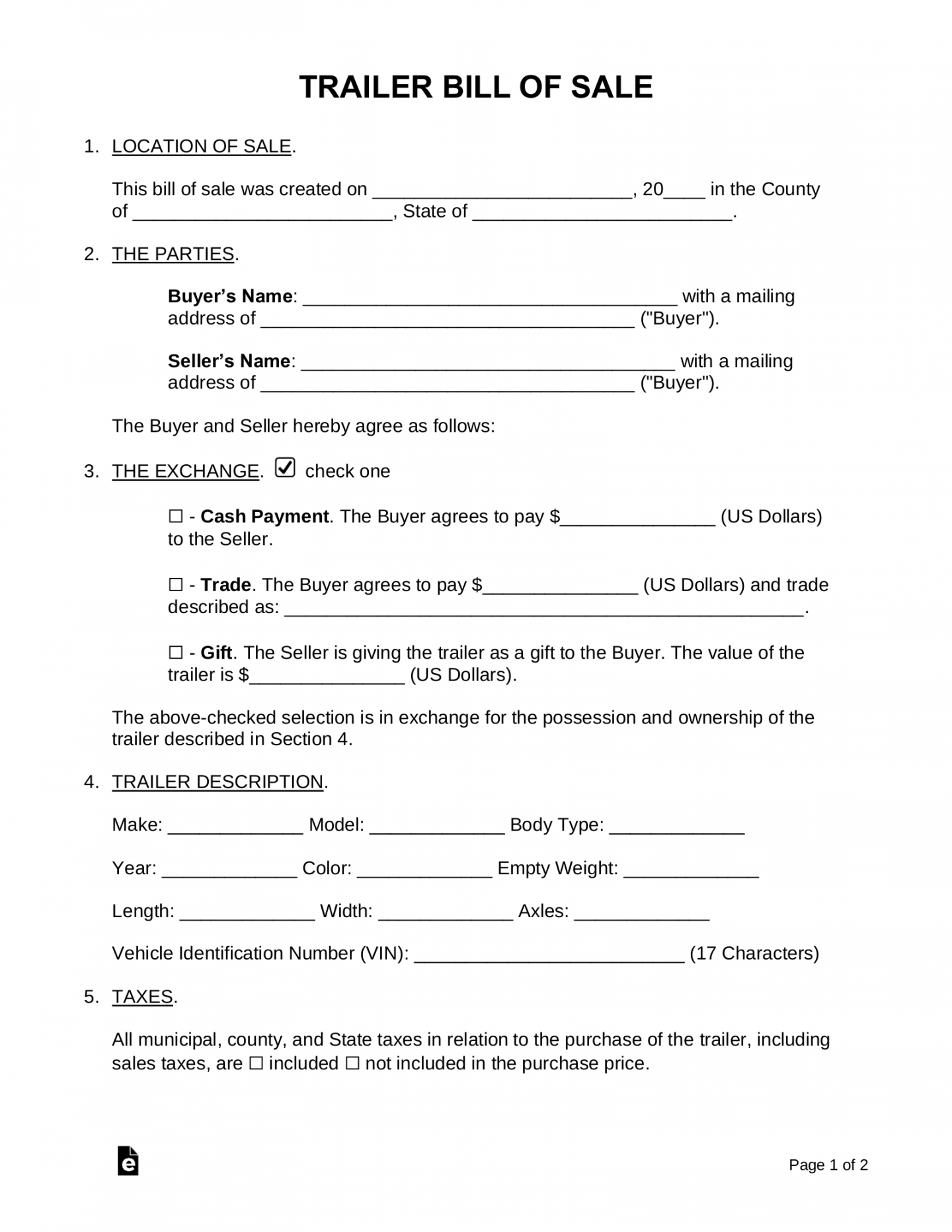 Free Trailer Bill of Sale Form - PDF  Word – eForms