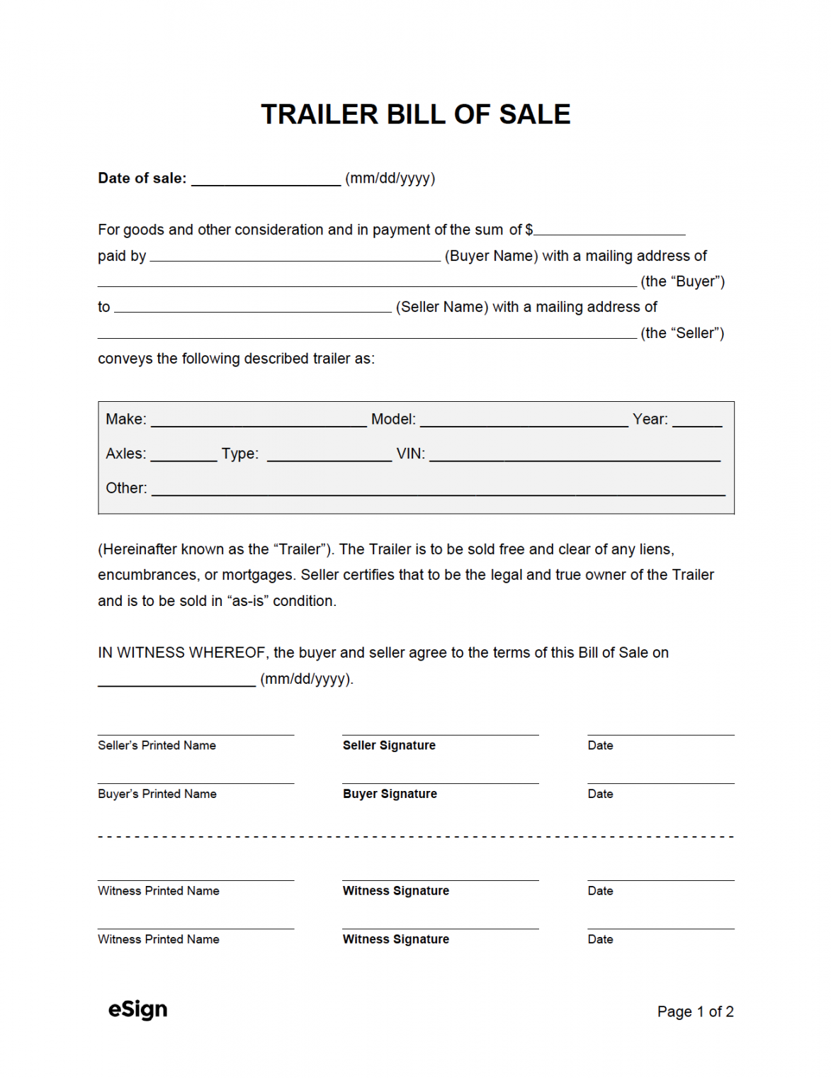 Free Trailer Bill of Sale Form  PDF  Word